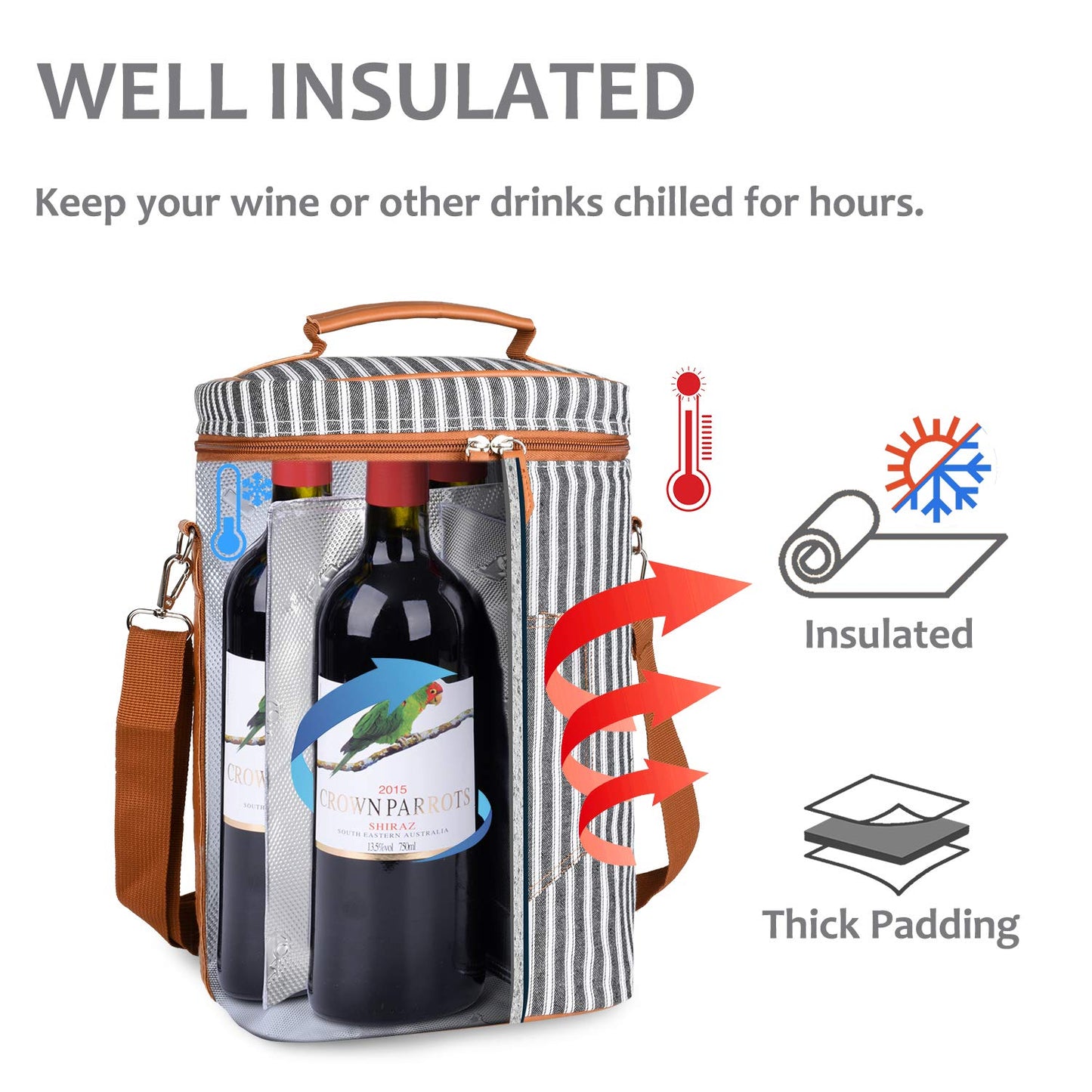 Tirrinia 2 Bottle Leakproof Insulated Wine Tote Carrier Bag - Padded Cooler for Travel, Restaurants, Tasting, Parties, Great Gift for Wine Lovers