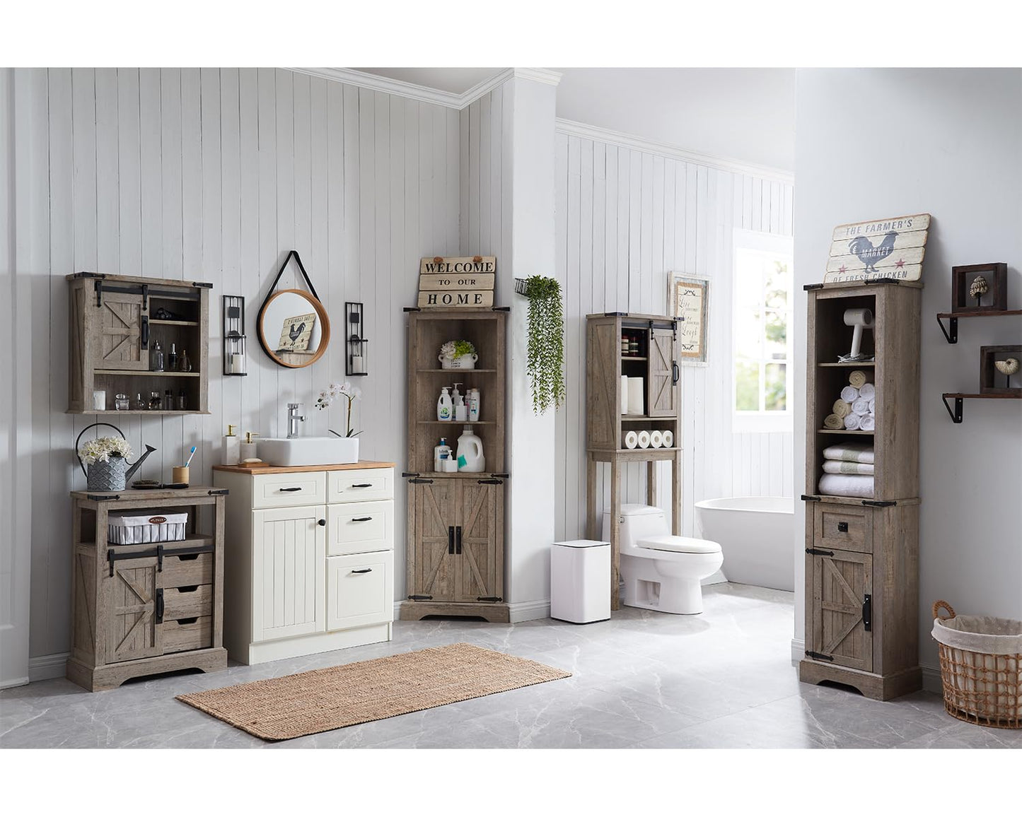 OKD Tall Corner Cabinet, Farmhouse Storage Cabinet with Barn Door Design & Adjustable Shelves, Home Space Saver for Bathroom, Living Room, Rustic Oak with Antique White