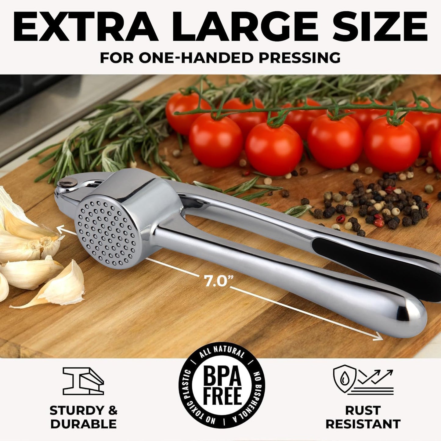 Zulay Kitchen Premium Garlic Press Set - Rust Proof & Dishwasher Safe Professional Garlic Mincer Tool - Easy-Squeeze, Easy-Clean with Soft, Ergonomic Handle - Silicone Garlic Peeler & Brush (Silver)