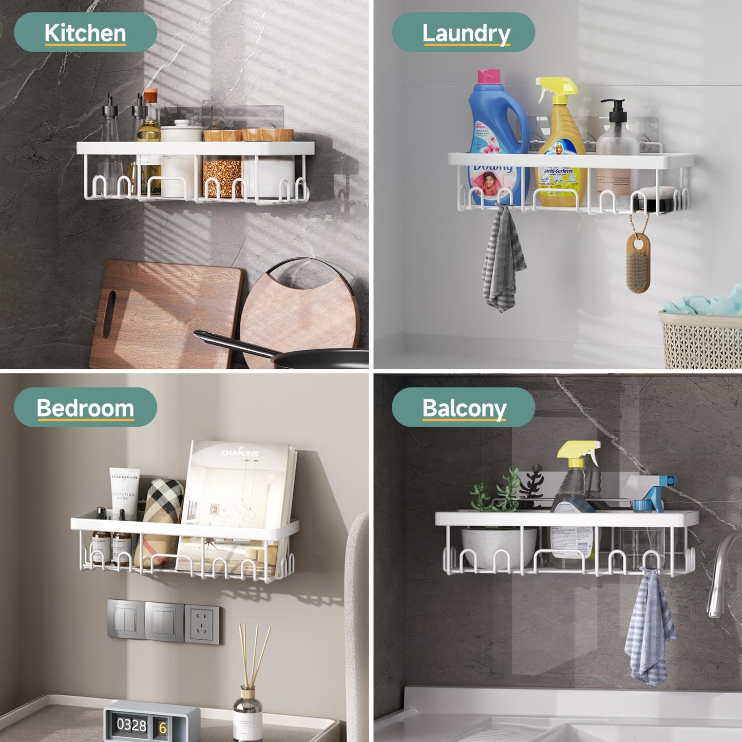 Veken Stainless Steel Shower Caddy 6-Pack, No Drilling & Rustproof, Waterproof Adhesive Shelves Rack with Soap Holder, Large Capacity Bathroom Organizers and Storage, Wall-Mounted Kitchen & Home Decor