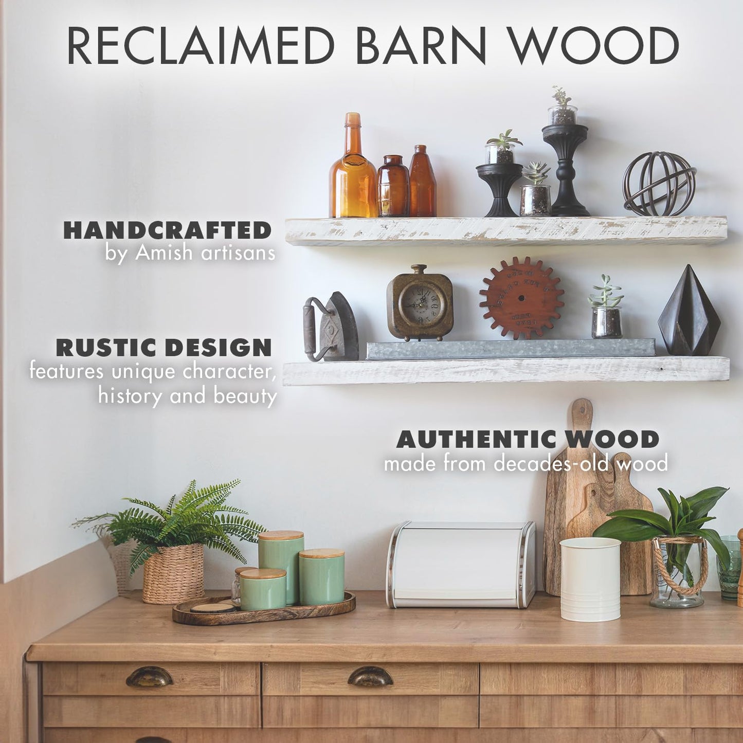 Urban Legacy Reclaimed Barnwood Planks | Floating Shelves for Wall w/Flush Mount Shelf Bracket Set Included | Set of 2 (Natural, 18"x 4.5"x 2")