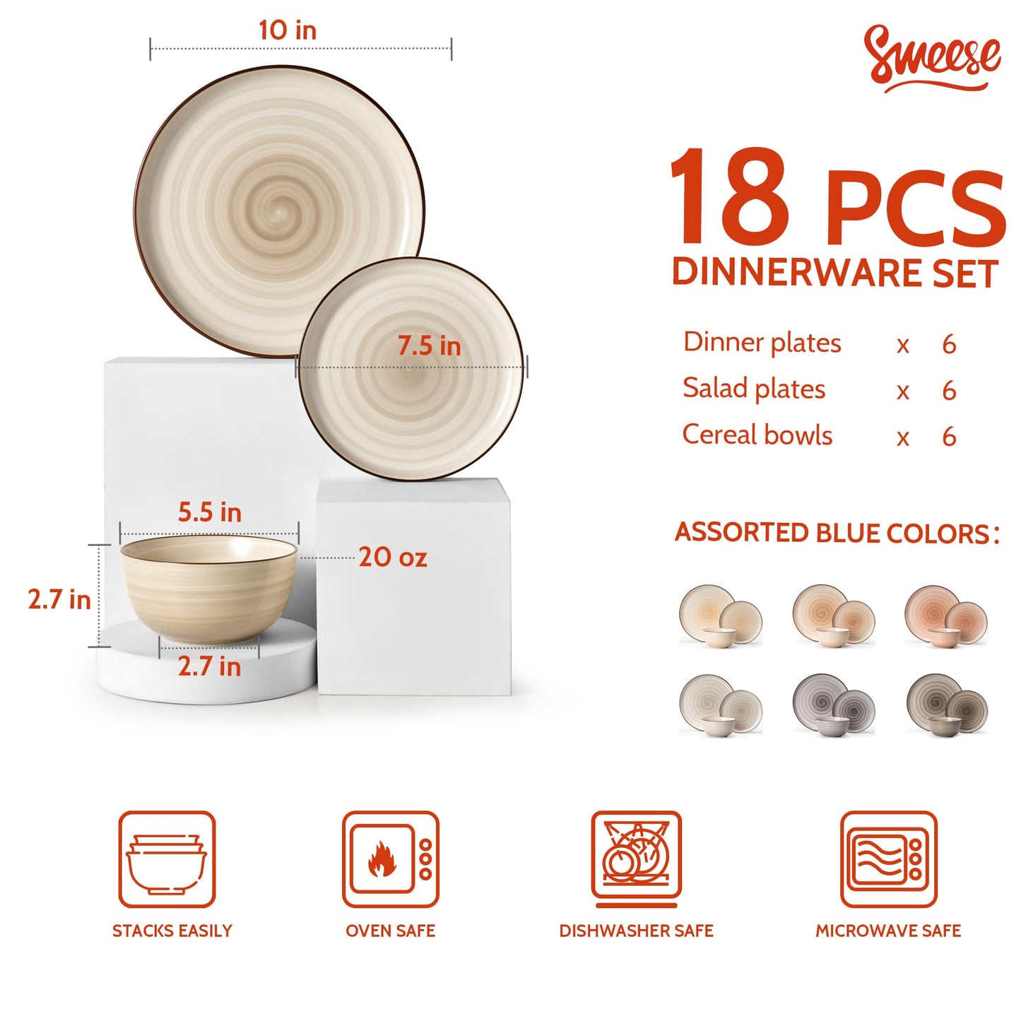 Sweese Plates and Bowls Sets, 18 Piece Dinnerware Set Porcelain Round Dinner Set for 6, Scratch Resistant Dishes Set, Dishwasher and Oven Microwave Safe Handpainted Swirl Dishware Sets, Neutral
