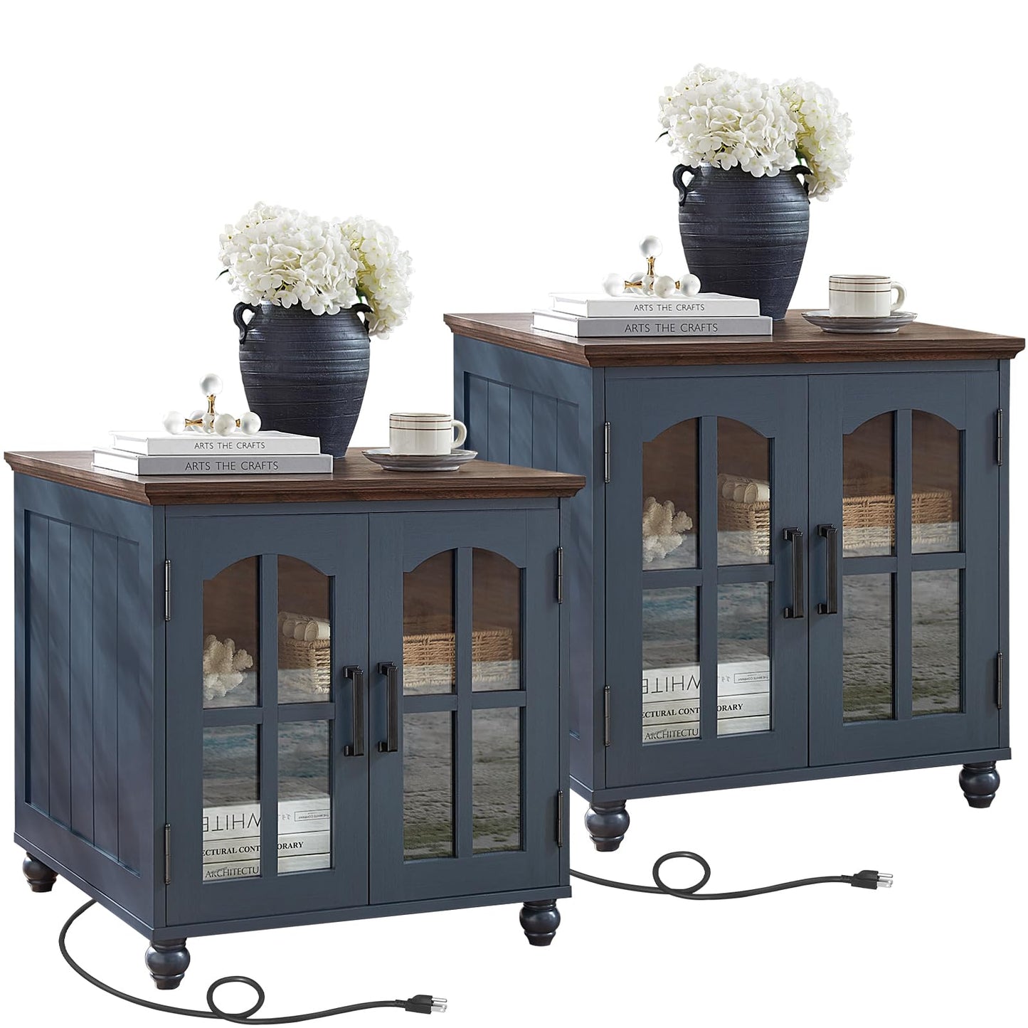 Farmhouse 24" End Table Set of 2 with Charging Station, Large Sofa Side Table with Glass Barn Door,Wood Night Stand with Adjustable Storage Shelf,Square Bedside Table for Living Room,Bedroom