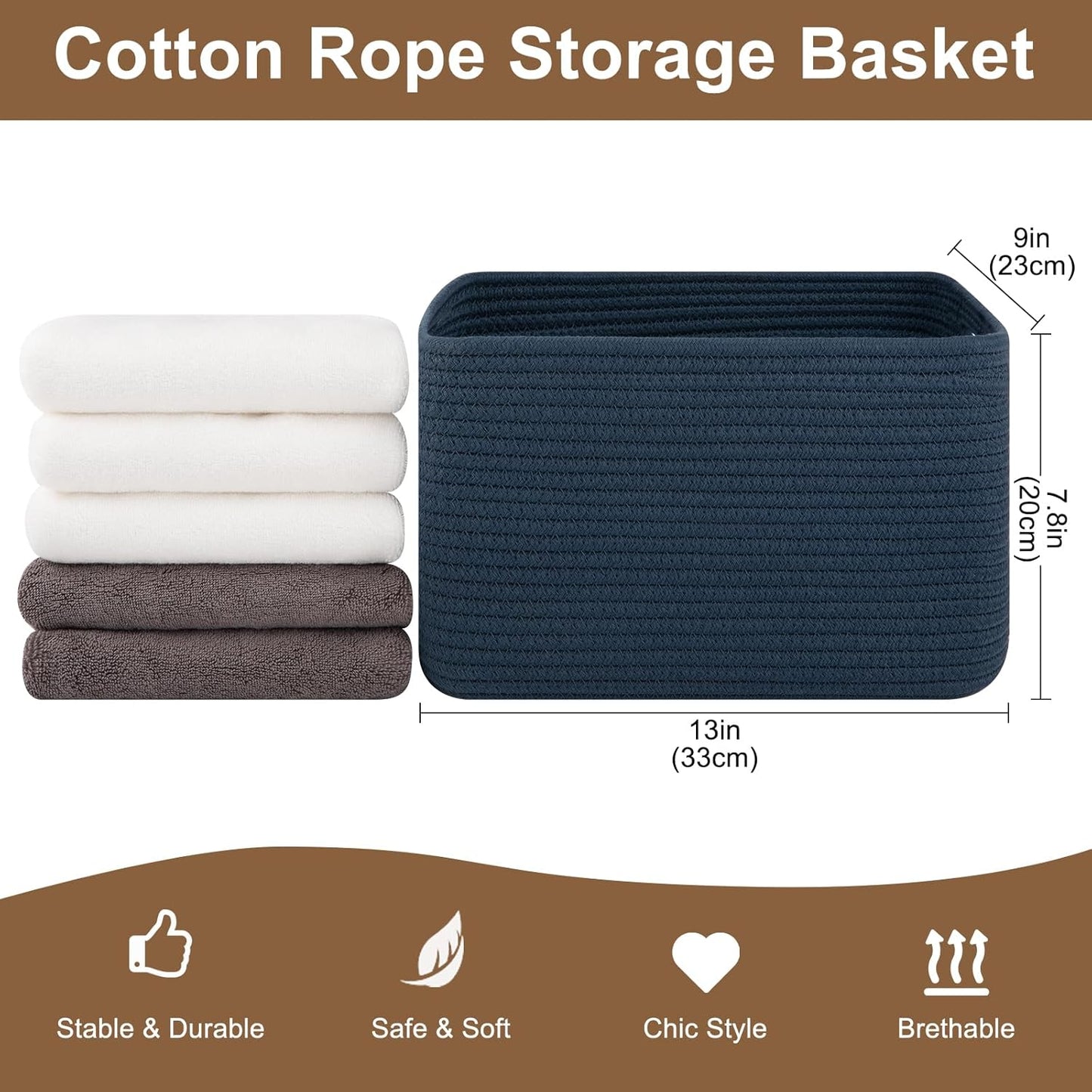 Storage Baskets for Organizing, Woven Decorative Baskets for Shelves - Books, Towels, and Clothes, Cotton Rope Toy Storage Bins, 12.7''Lx9''Wx7.8''H, Pack of 4, Brown