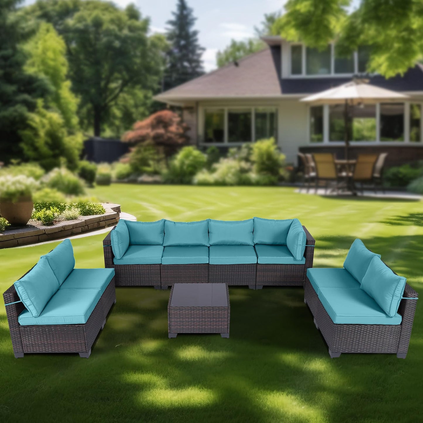 LEVELEVE 7 Pieces Outdoor Patio Furniture Sets,Rattan Conversation Sectional Set,Manual Weaving Wicker Patio Sofa with Tea Table