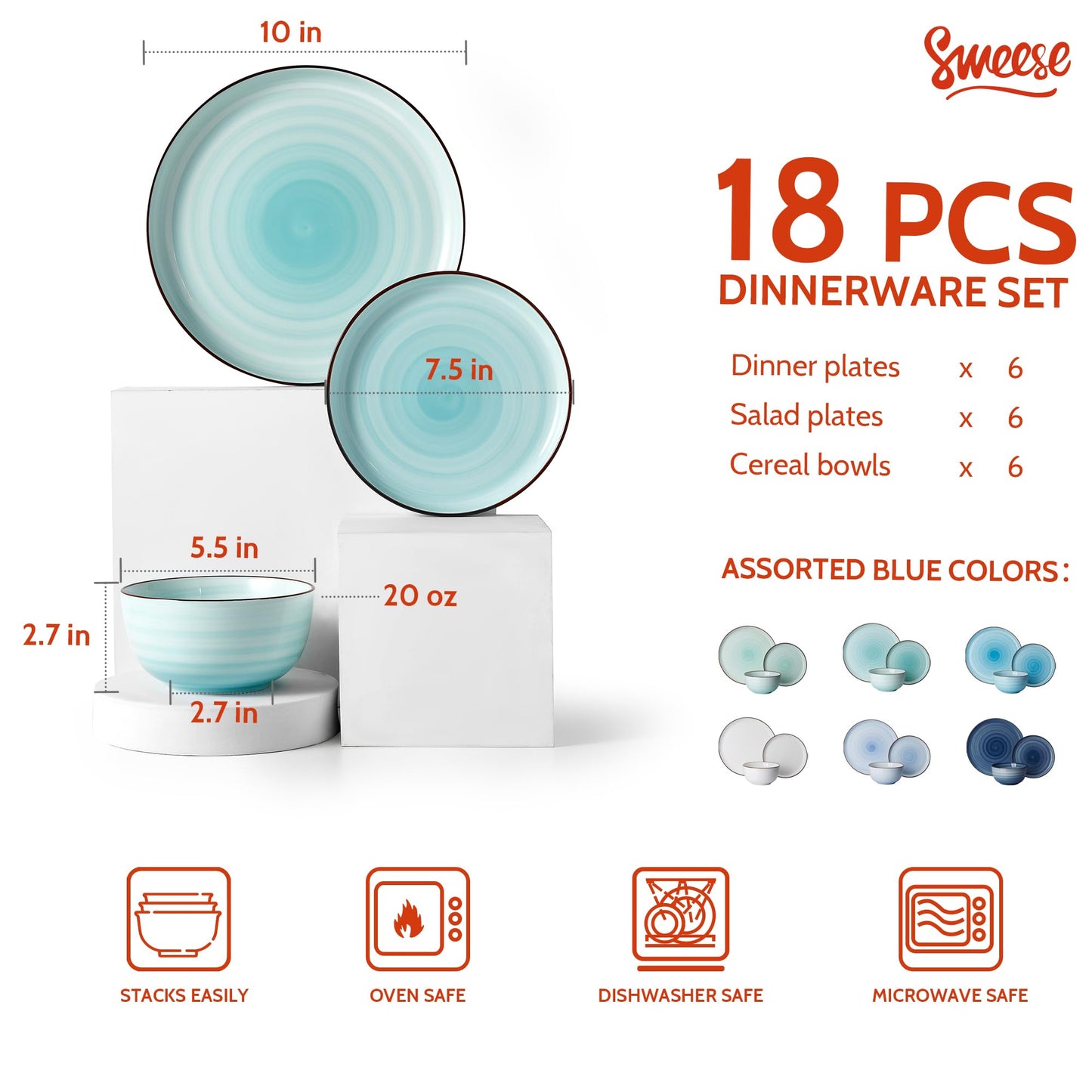 Sweese Plates and Bowls Sets, 18 Piece Dinnerware Set Porcelain Round Dinner Set for 6, Scratch Resistant Dishes Set, Dishwasher and Oven Microwave Safe Handpainted Swirl Dishware Sets, Neutral