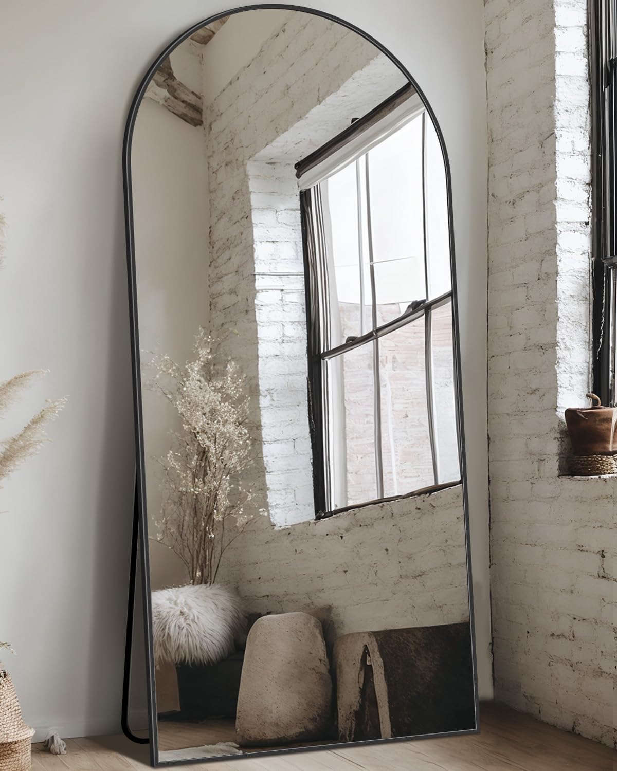 Full Length Mirror, 76"x34" Arched Floor Mirror Freestanding, Floor Standing Full Body Mirror with Stand for Bedroom, Hanging Mounted for Living Room Cloakroom, Black