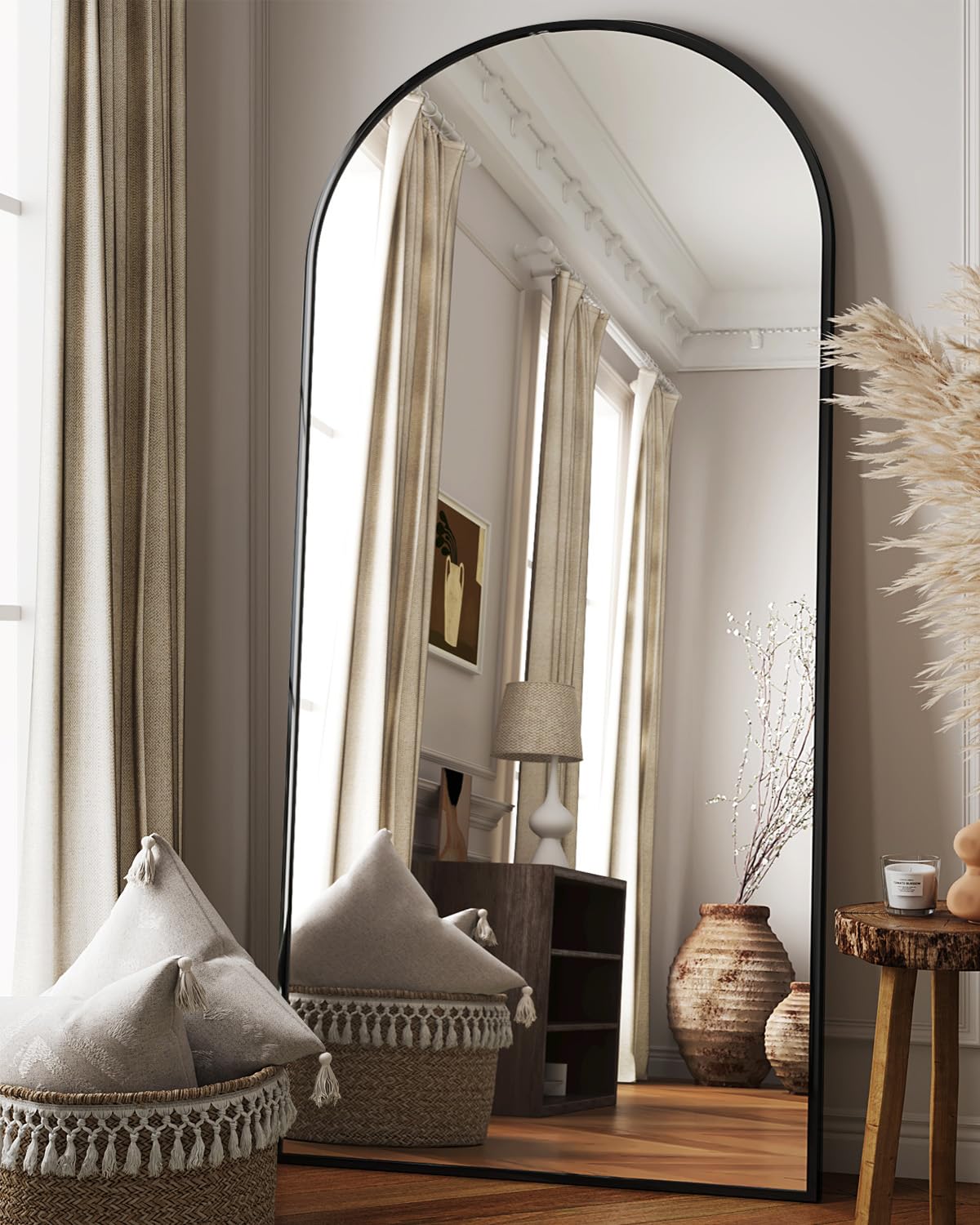 Full Length Mirror, 76"x34" Arched Floor Mirror Freestanding, Floor Standing Full Body Mirror with Stand for Bedroom, Hanging Mounted for Living Room Cloakroom, Black