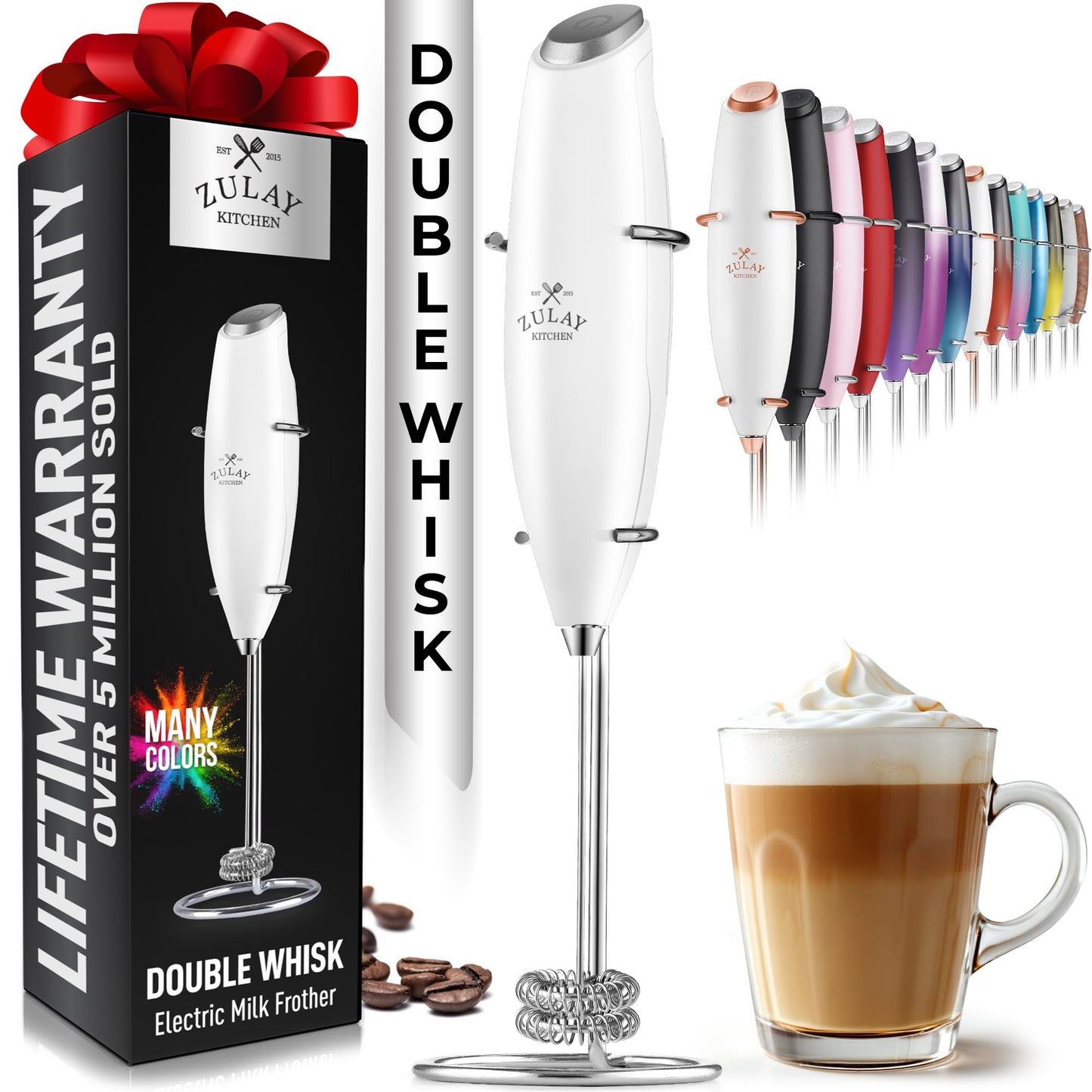 Zulay Double Whisk Milk Frother Handheld Mixer - High Powered Frother For Coffee With Improved Motor - Milk Frother Electric Whisk Drink Mixer For Cappuccino, Frappe, Matcha, Twin Whisk - Black/Copper