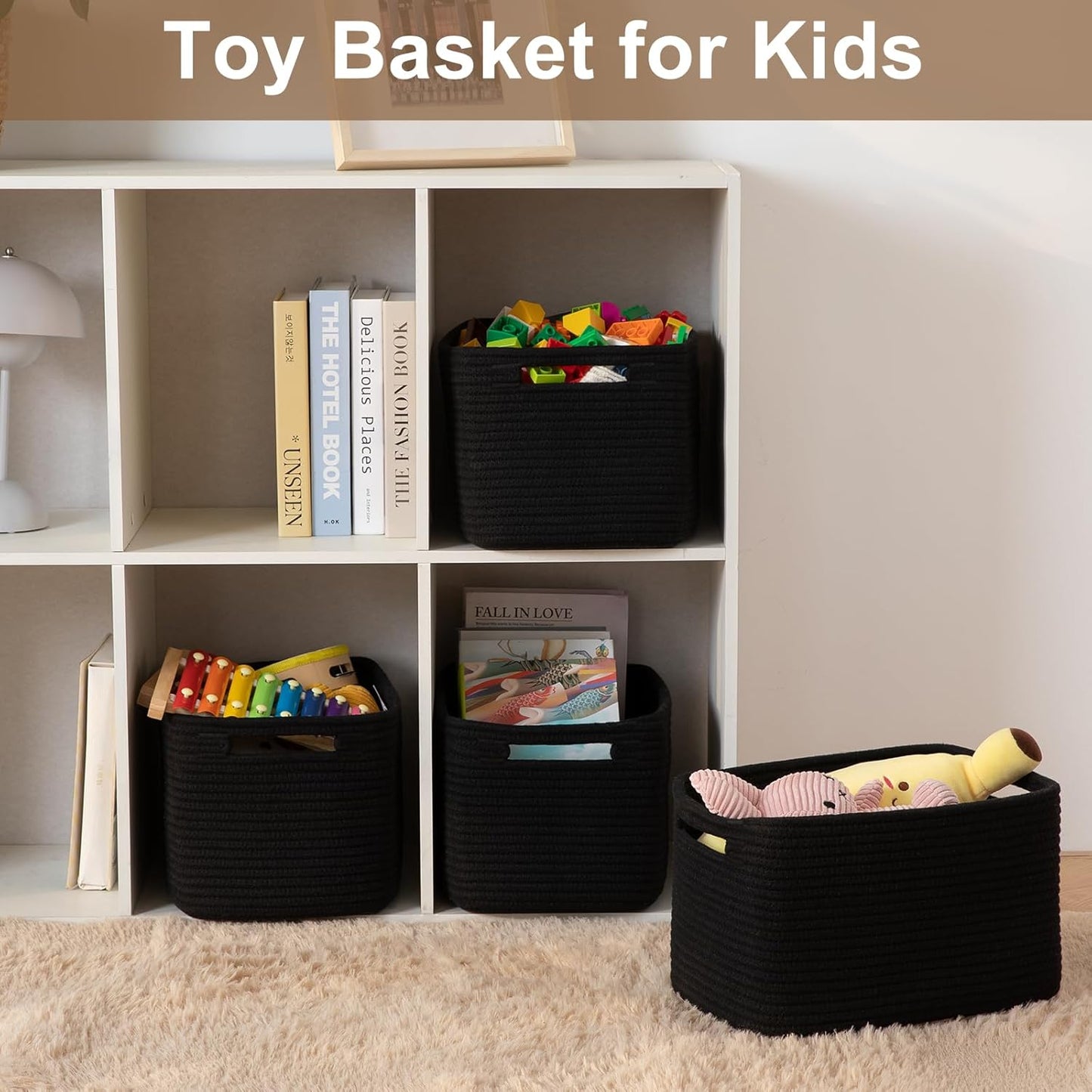 Storage Baskets for Organizing, Woven Decorative Baskets for Shelves - Books, Towels, and Clothes, Cotton Rope Toy Storage Bins, 12.7''Lx9''Wx7.8''H, Pack of 4, Brown