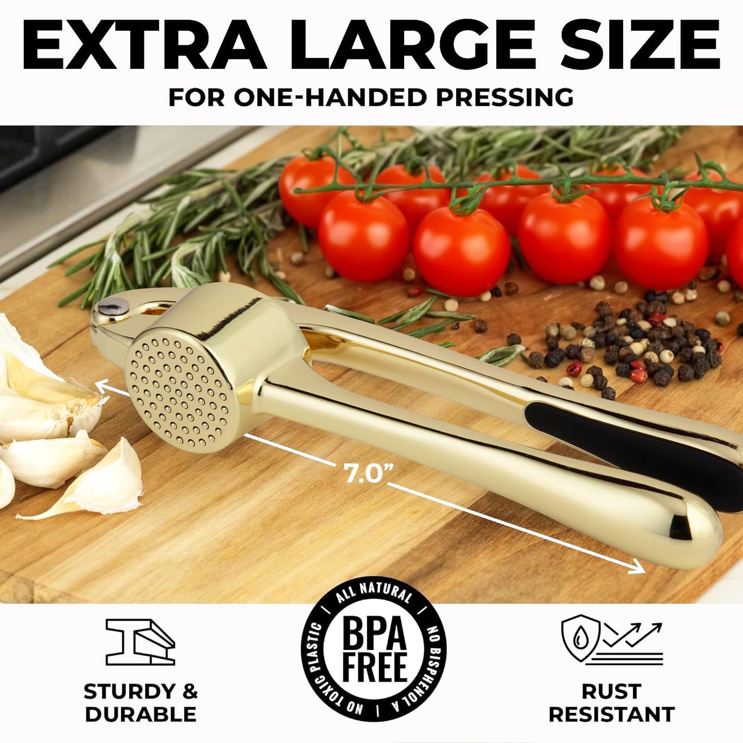 Zulay Kitchen Premium Garlic Press Set - Rust Proof & Dishwasher Safe Professional Garlic Mincer Tool - Easy-Squeeze, Easy-Clean with Soft, Ergonomic Handle - Silicone Garlic Peeler & Brush (Silver)