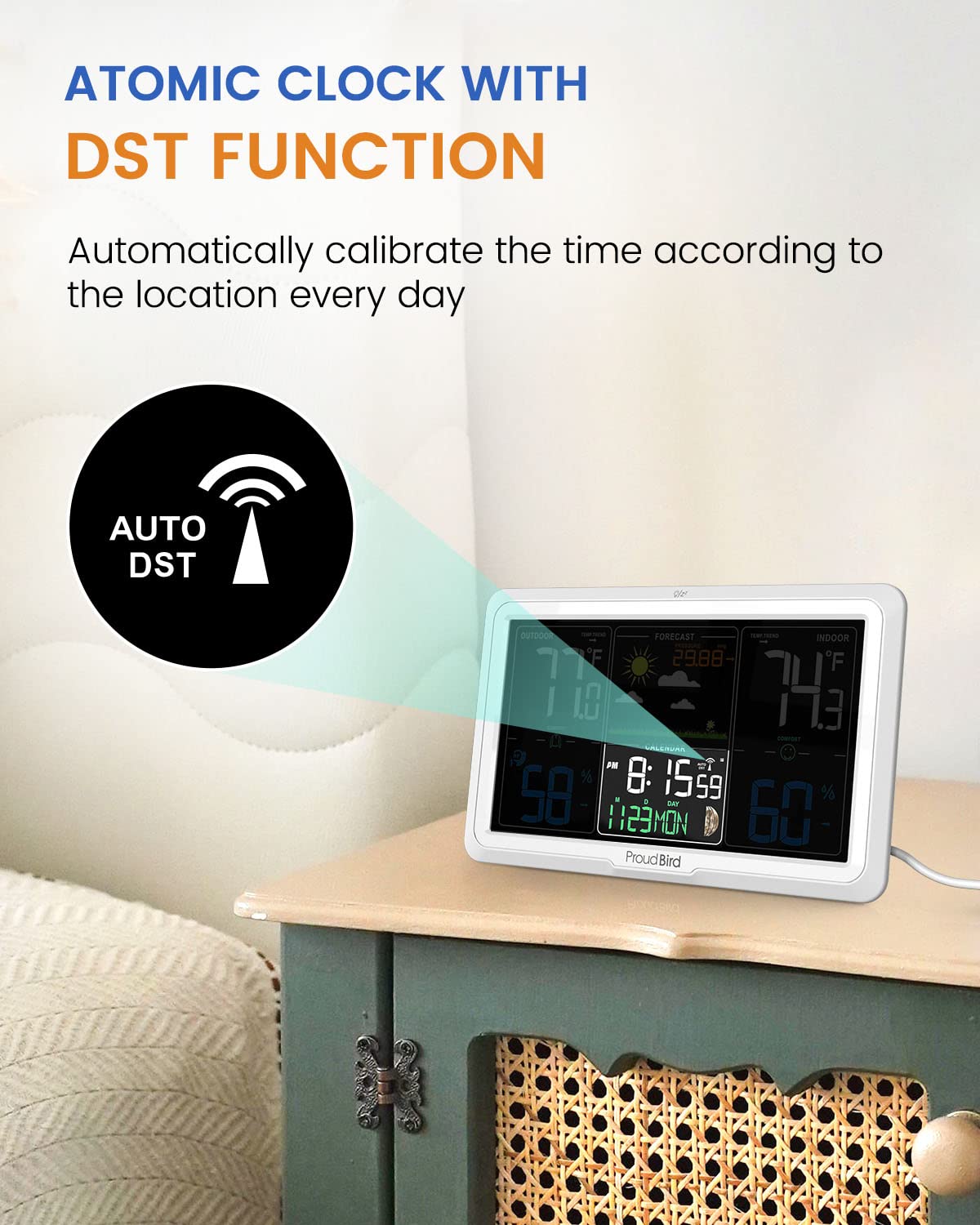 Weather Station Wireless Indoor Outdoor Thermometer, Wide Viewing Angle Home Weather Stations, Colorful Large 7.6" Display, Atomic Clock Weather Forecast Adjustable Backlight, Black