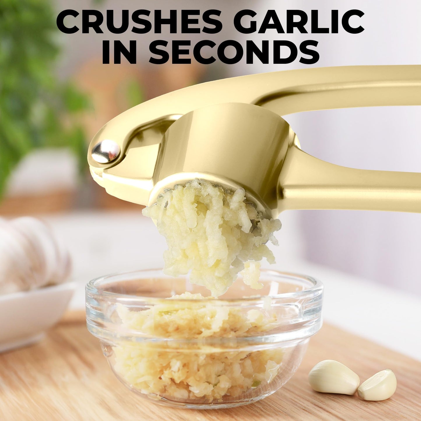 Zulay Kitchen Premium Garlic Press Set - Rust Proof & Dishwasher Safe Professional Garlic Mincer Tool - Easy-Squeeze, Easy-Clean with Soft, Ergonomic Handle - Silicone Garlic Peeler & Brush (Silver)