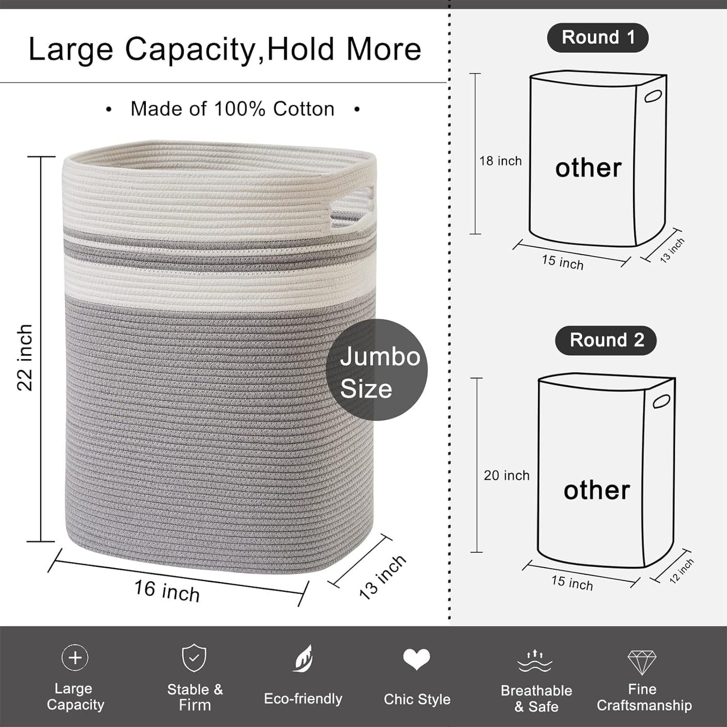 OIAHOMY Laundry Hamper-Laundry Basket,Tall Cotton Storage Basket with Handles,Decorative Blanket Basket for Living room,Collapsible Large Basket for Toys,Pillows,Clothes-16x13x22in-Yellow variegated