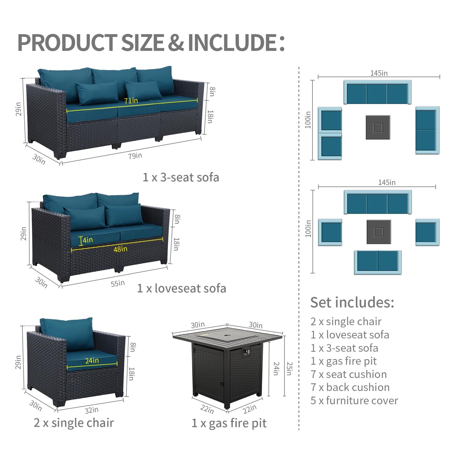 Rattaner 5 Pcs Outdoor Furniture Sets Patio Furniture Set with 45" Fire Pit Patio Couch Outdoor Chairs 60000 BTU Steel Propane Fire Pit Table No-Slip Cushions and Waterproof Covers, Light Grey