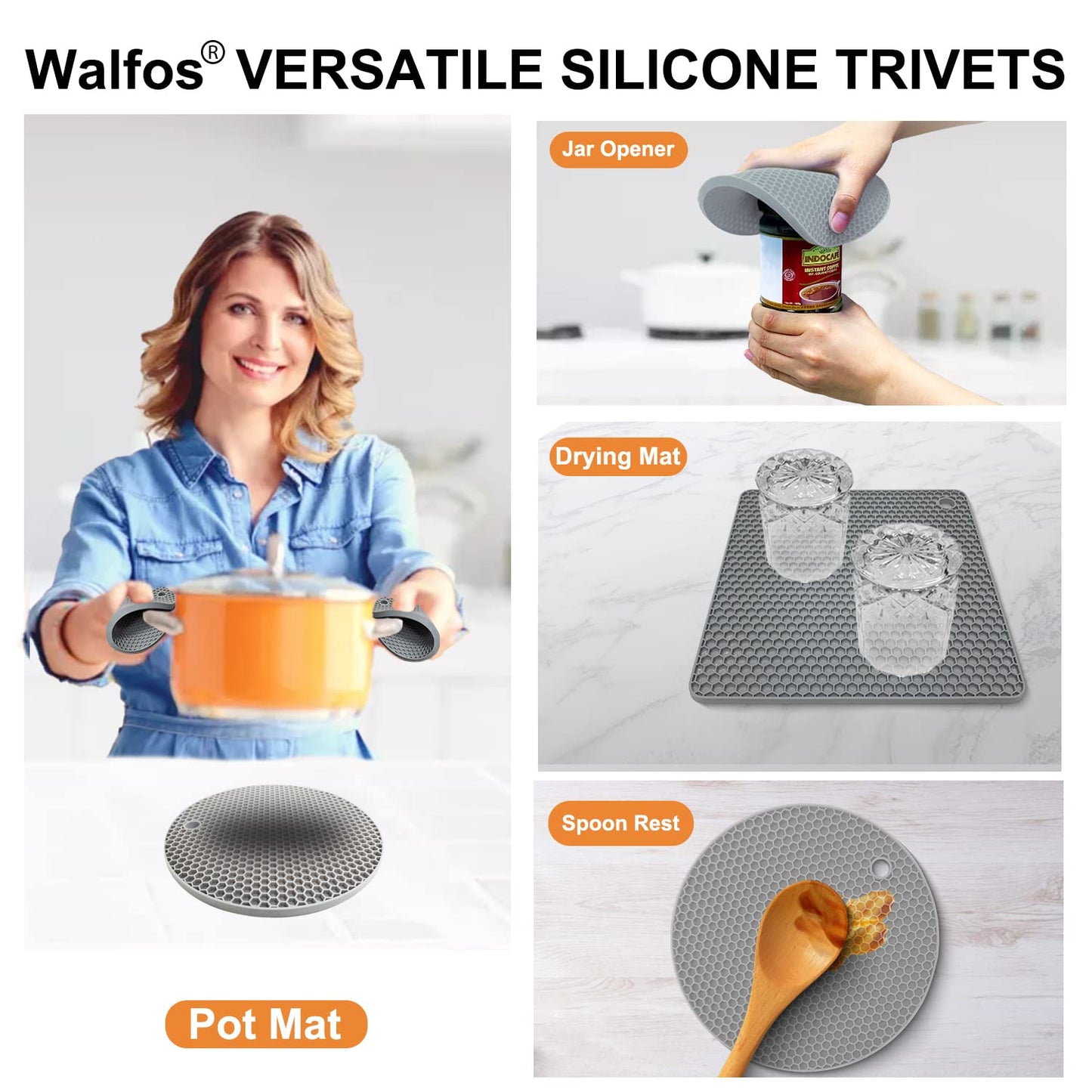 Walfos Silicone Trivet Mats - 4 Heat Resistant Pot Holders, Multipurpose Non-Slip Hot Pads for Kitchen Potholders, Hot Dishers, Jar Opener, Spoon Holder, Food Grade Silicone & BPA Free (Black)