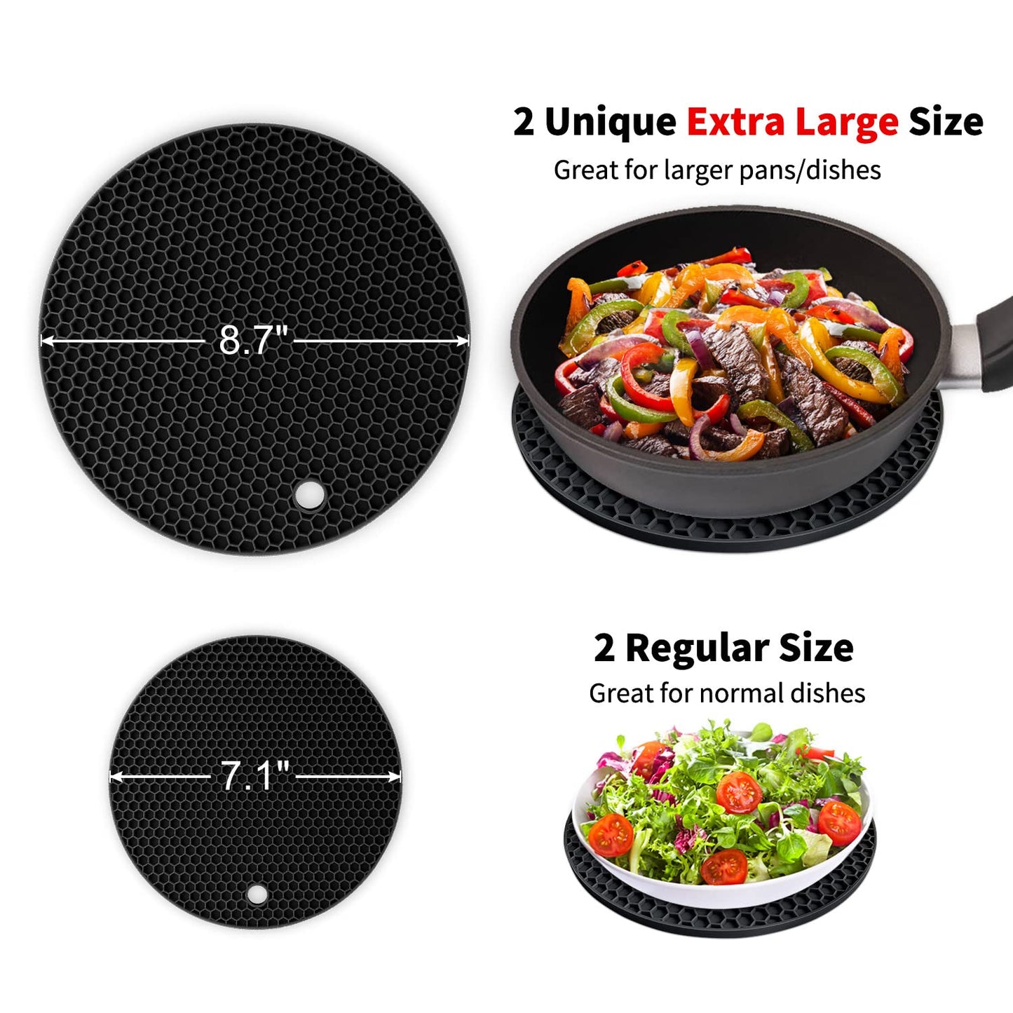 Walfos Silicone Trivet Mats - 4 Heat Resistant Pot Holders, Multipurpose Non-Slip Hot Pads for Kitchen Potholders, Hot Dishers, Jar Opener, Spoon Holder, Food Grade Silicone & BPA Free (Black)