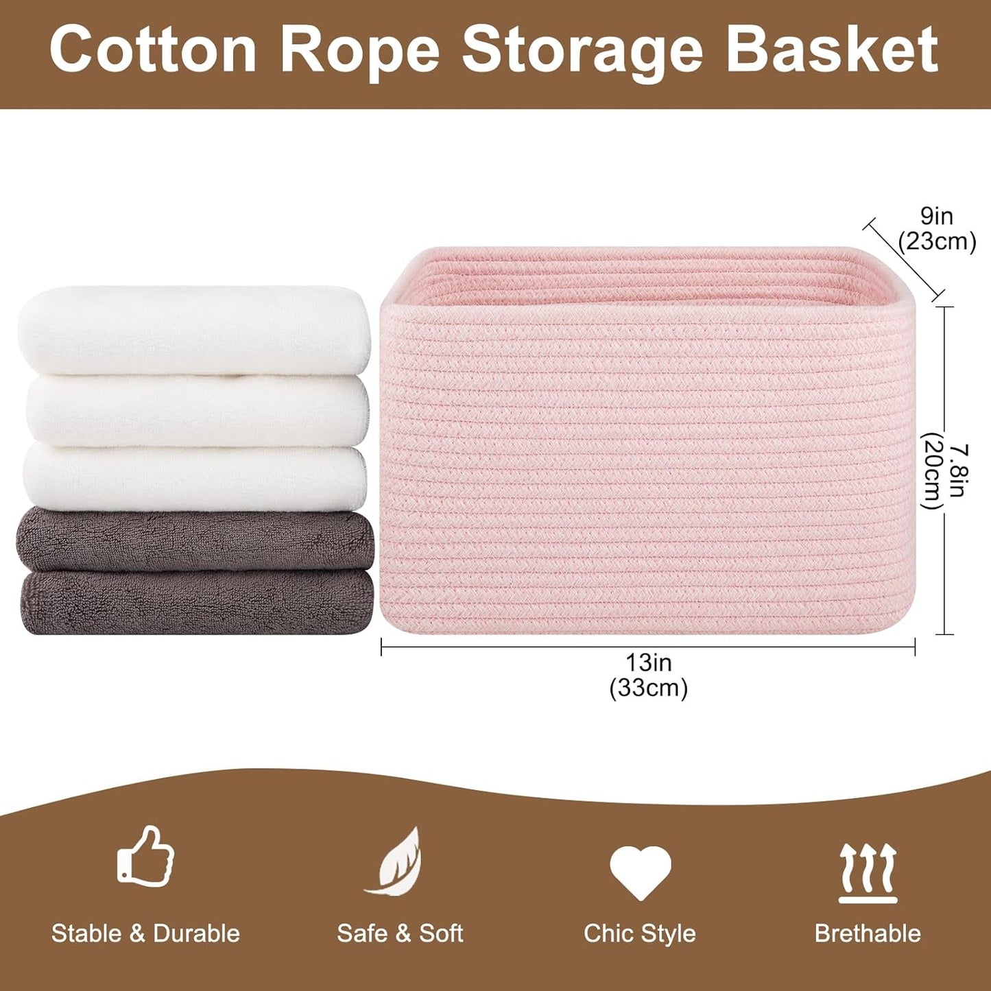 Storage Baskets for Organizing, Woven Decorative Baskets for Shelves - Books, Towels, and Clothes, Cotton Rope Toy Storage Bins, 12.7''Lx9''Wx7.8''H, Pack of 4, Brown