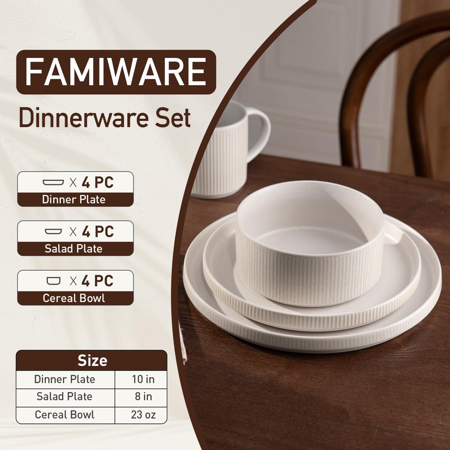 Famiware Star Dinnerware Sets, Plates and Bowls Set for 4, 12 Pieces Dishes- Chip and Scratch Resistant, Microwave and Dishwasher Safe Kitchen Set, Cappuccino White
