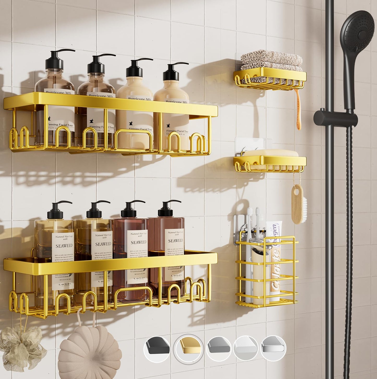 Veken Stainless Steel Shower Caddy 6-Pack, No Drilling & Rustproof, Waterproof Adhesive Shelves Rack with Soap Holder, Large Capacity Bathroom Organizers and Storage, Wall-Mounted Kitchen & Home Decor