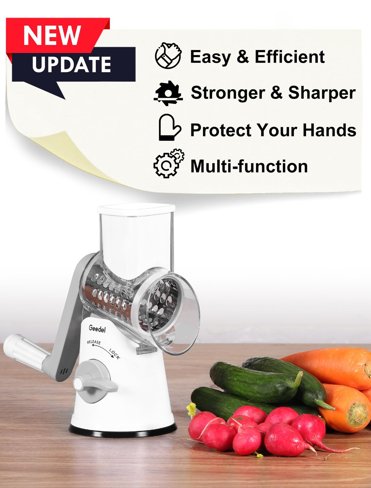 Geedel Rotary Cheese Grater Cheese Shredder - Upgraded 5-in-1 Cheese Grater with Handle and Strong Suction Base, Multi-purpose Vegetable Slicer Ice Shaver Nuts Grinder for Ice, Vegetables, Fruit, Nuts