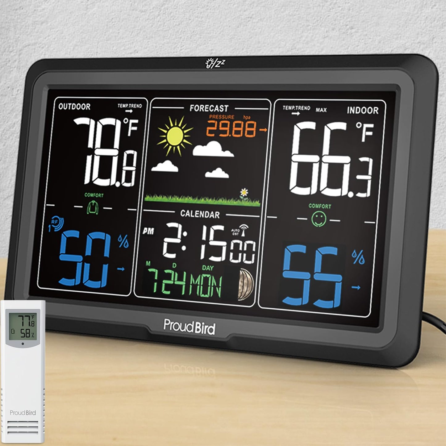 Weather Station Wireless Indoor Outdoor Thermometer, Wide Viewing Angle Home Weather Stations, Colorful Large 7.6" Display, Atomic Clock Weather Forecast Adjustable Backlight, Black