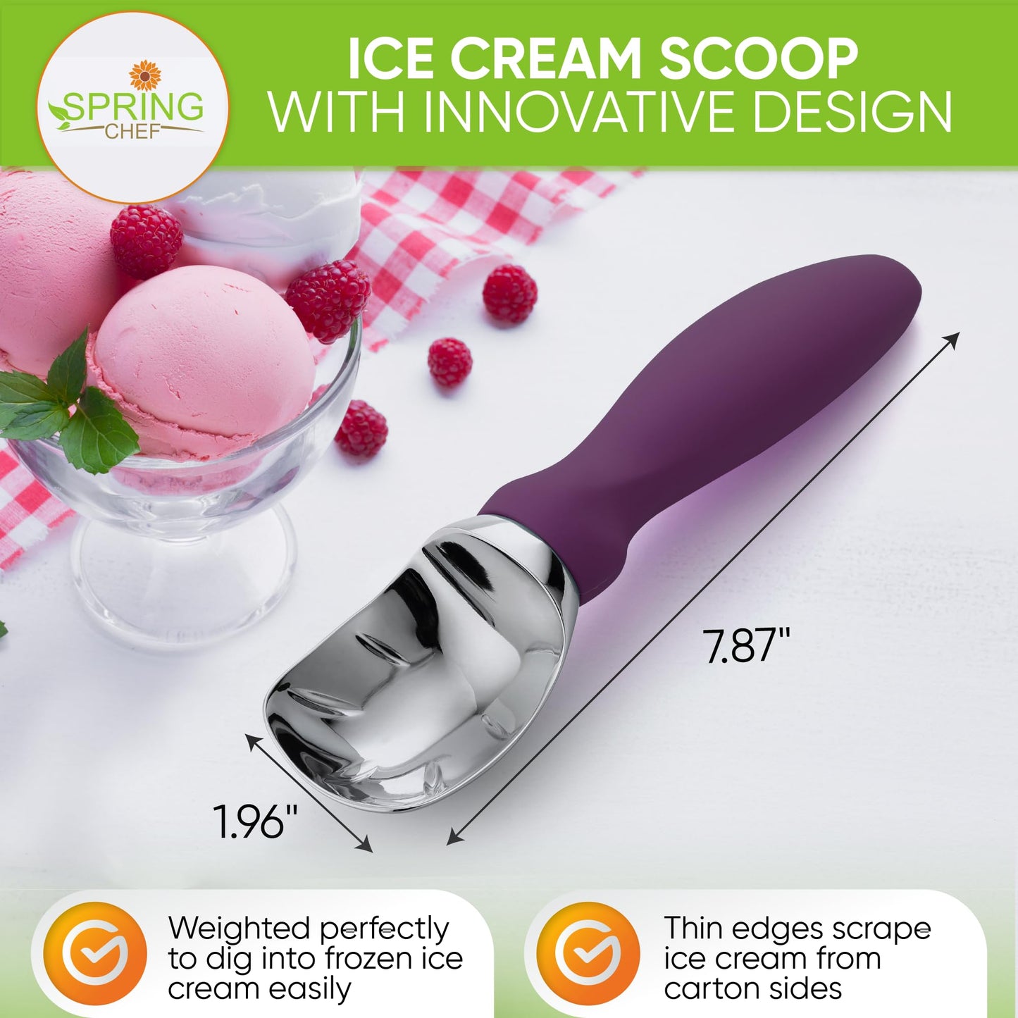 Spring Chef Heavy Duty Ice Cream Scoop with Comfortable Handle - Professional Ice Cream Scooper for Gelato, Sorbet, Cookie Dough, Melon, Frozen Yogurt - Dishwasher Safe Metal Kitchen Tool - Black