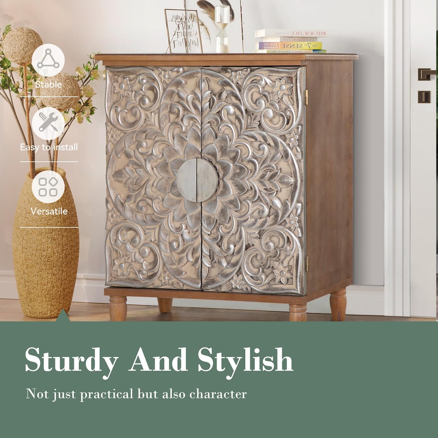 MFSTUDIO Accent Storage Cabinet with 2 Doors, Distressed Storage Cabinet Buffet Sideboard Display Cabinet with Metal Church Window Door for Entryway Living Room Kitchen, Black