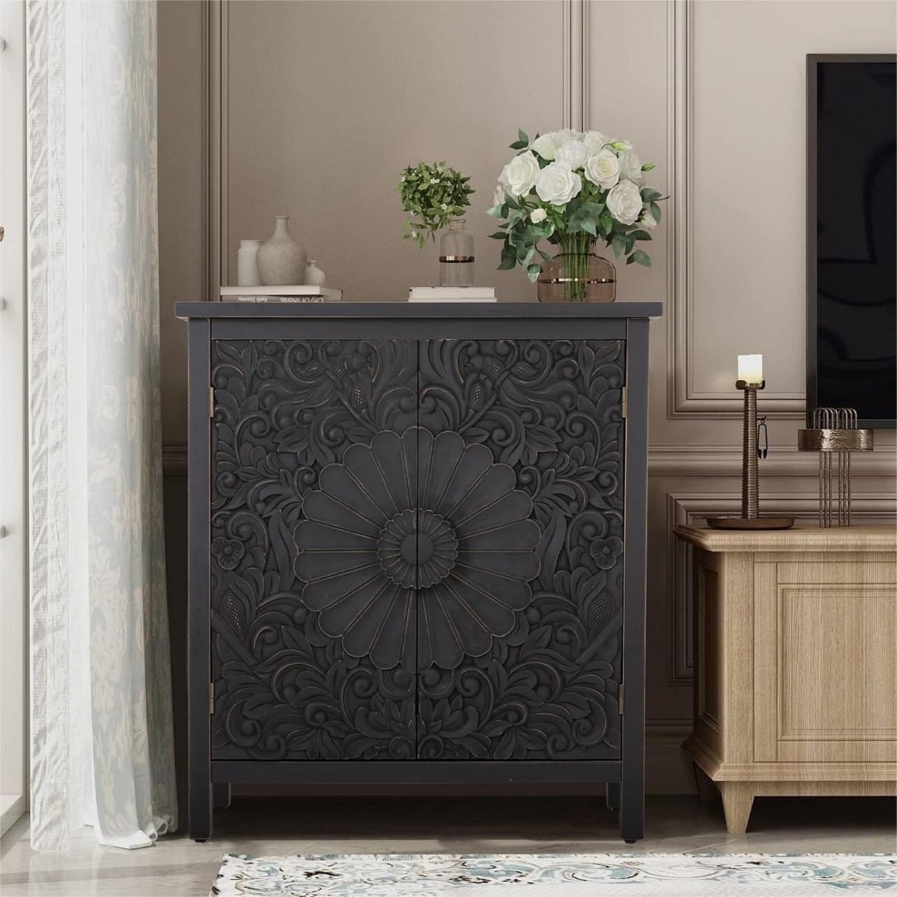 MFSTUDIO Accent Storage Cabinet with 2 Doors, Distressed Storage Cabinet Buffet Sideboard Display Cabinet with Metal Church Window Door for Entryway Living Room Kitchen, Black