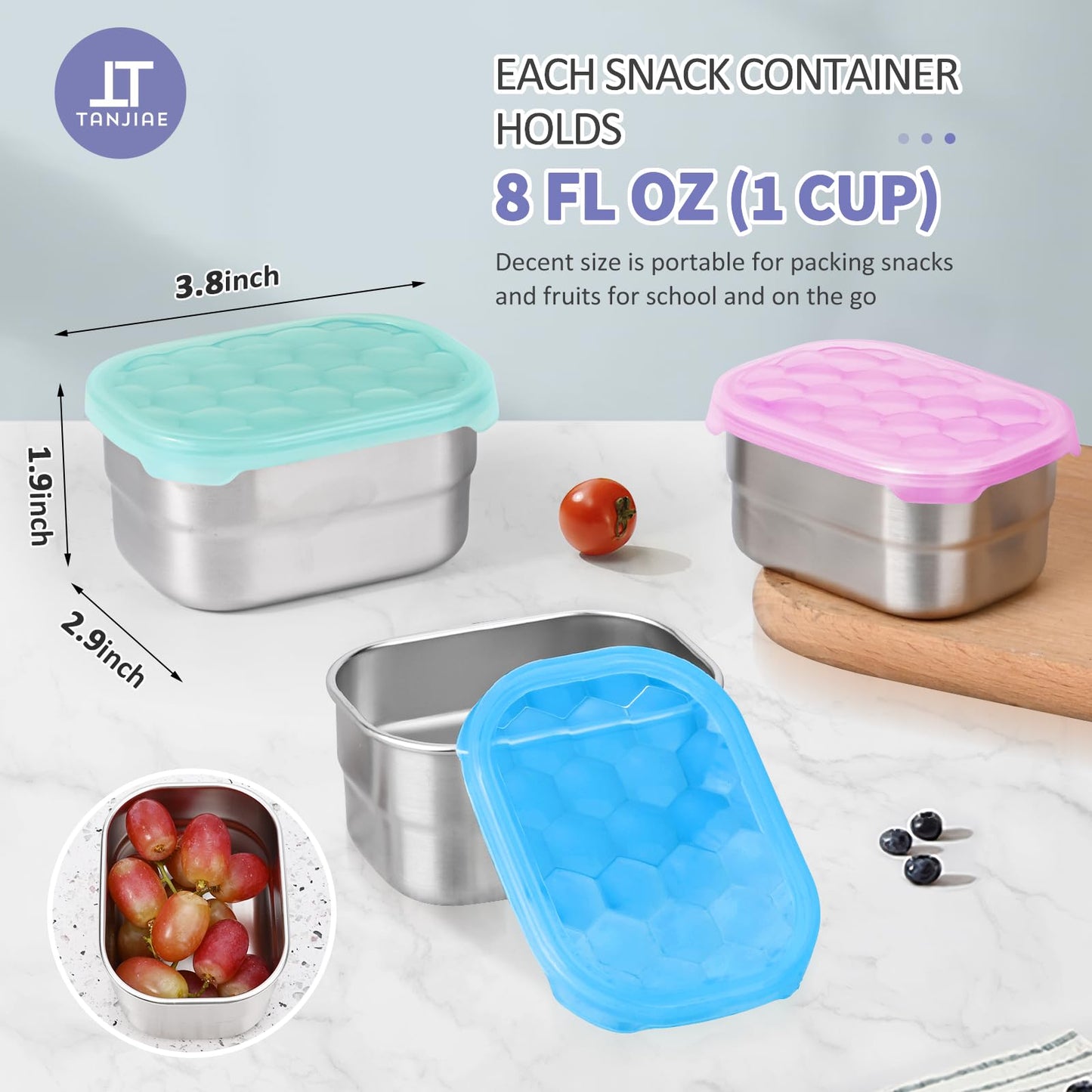 Small (1 CUP) Stainless Steel Snack Containers for Kids | Easy Open Leak Proof Food Containers with Silicone Lids - Perfect Metal Toddler Lunch Box for Daycare and School (8oz)