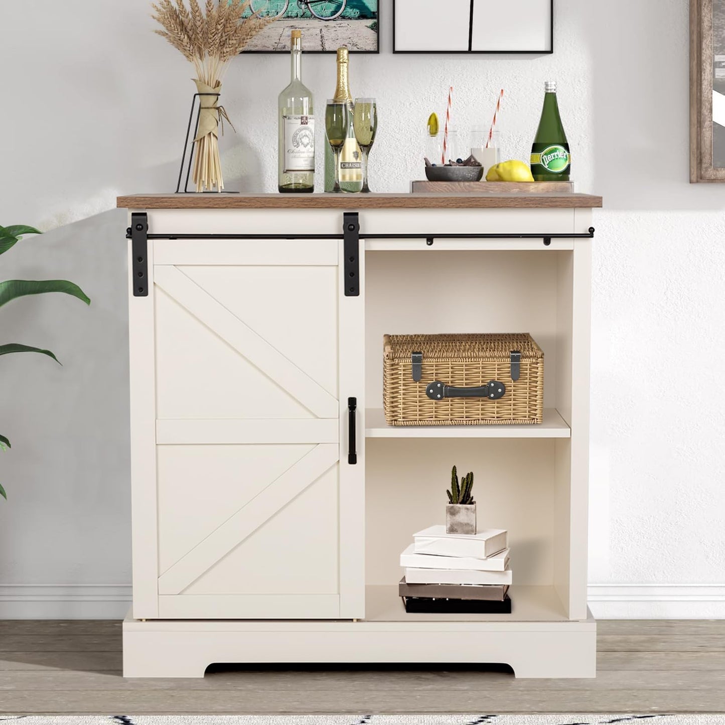MFSTUDIO Accent Storage Cabinet with 2 Doors, Distressed Storage Cabinet Buffet Sideboard Display Cabinet with Metal Church Window Door for Entryway Living Room Kitchen, Black