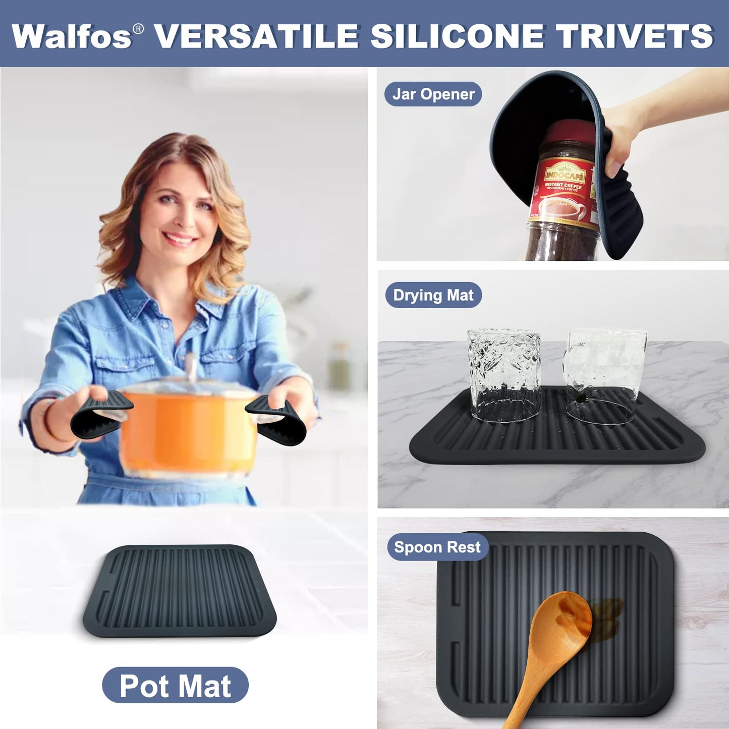Walfos Silicone Trivet Mats - 4 Heat Resistant Pot Holders, Multipurpose Non-Slip Hot Pads for Kitchen Potholders, Hot Dishers, Jar Opener, Spoon Holder, Food Grade Silicone & BPA Free (Black)