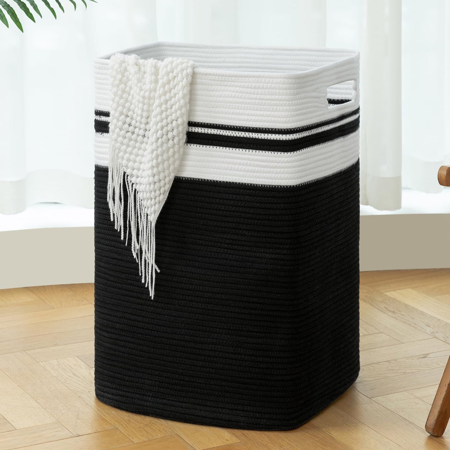 OIAHOMY Laundry Hamper-Laundry Basket,Tall Cotton Storage Basket with Handles,Decorative Blanket Basket for Living room,Collapsible Large Basket for Toys,Pillows,Clothes-16x13x22in-Yellow variegated