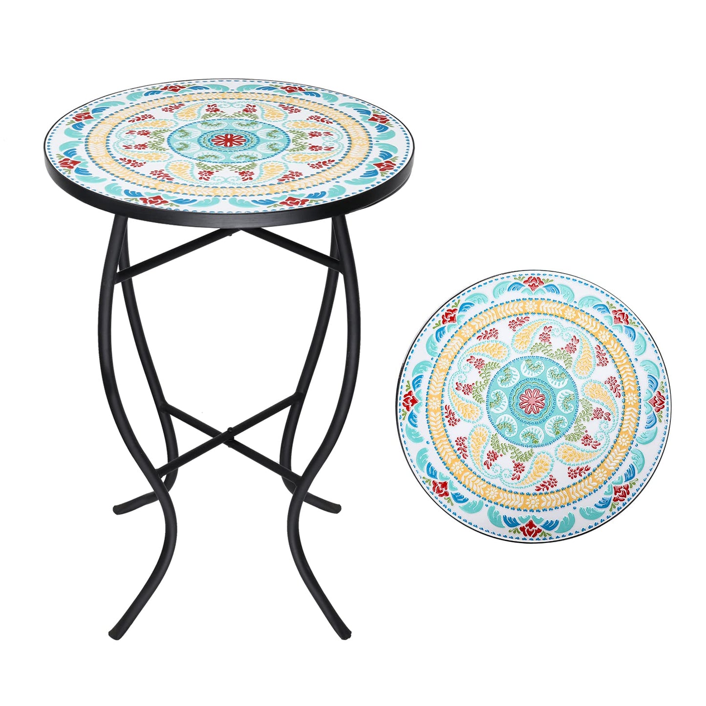 VCUTEKA Mosaic Side Table, 21" Round End Table with 14" Ceramic Tile Top, Patio Accent Table Indoor and Outdoor End Table for Yard, Garden, Living Room, Bistro Balcony or Lawn Golden Sun