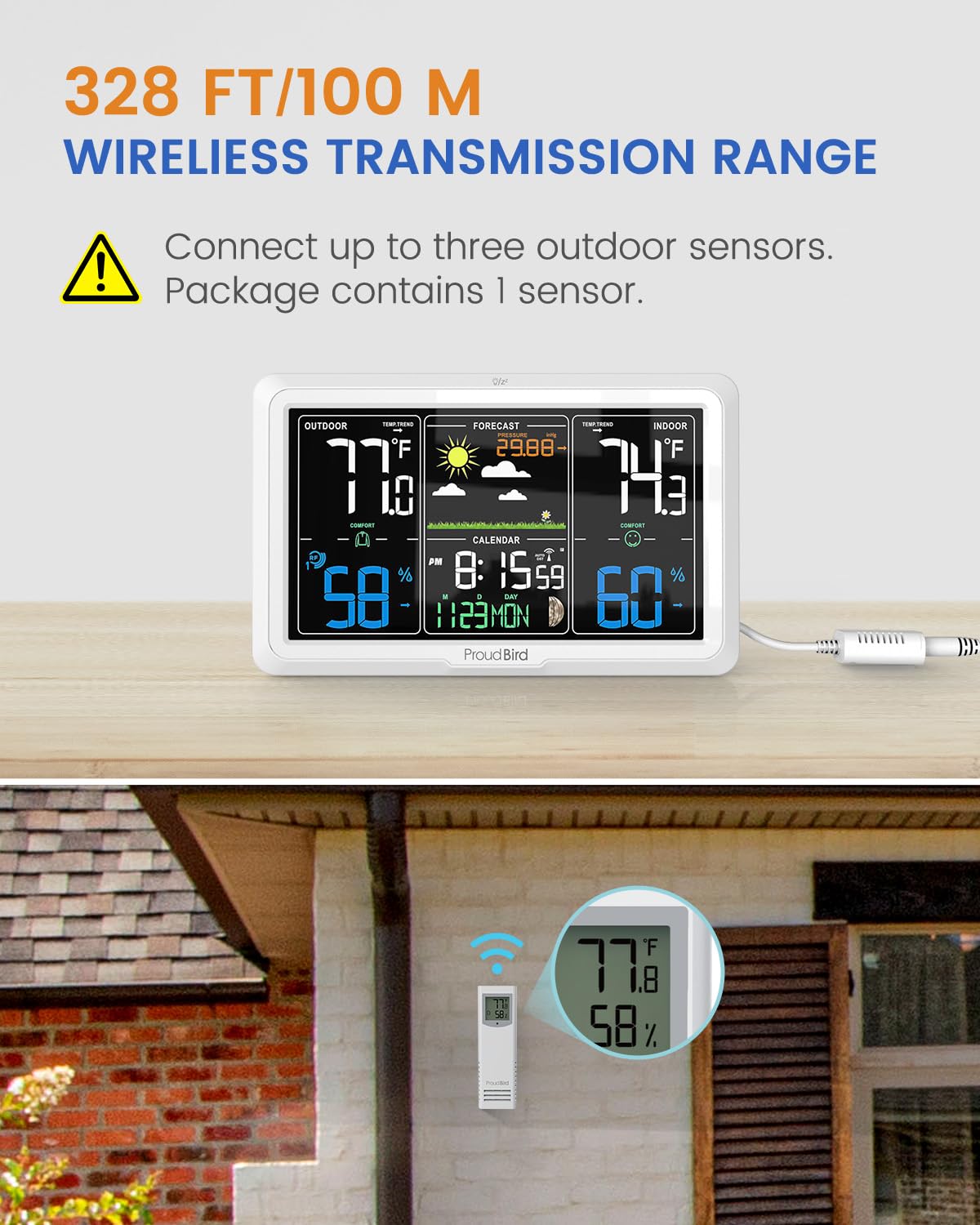 Weather Station Wireless Indoor Outdoor Thermometer, Wide Viewing Angle Home Weather Stations, Colorful Large 7.6" Display, Atomic Clock Weather Forecast Adjustable Backlight, Black