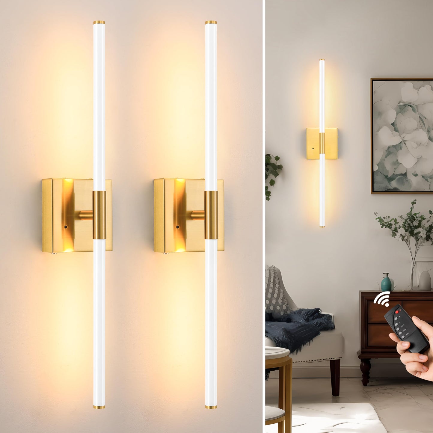 Battery Operated Wall Sconces Set of 2, Dimmable Battery Wall Sconce with Remote Control, Black Gold LED Rechargeable Sconces, 24 Inch Modern Wireless Wall Lights for Bedroom, Living Room