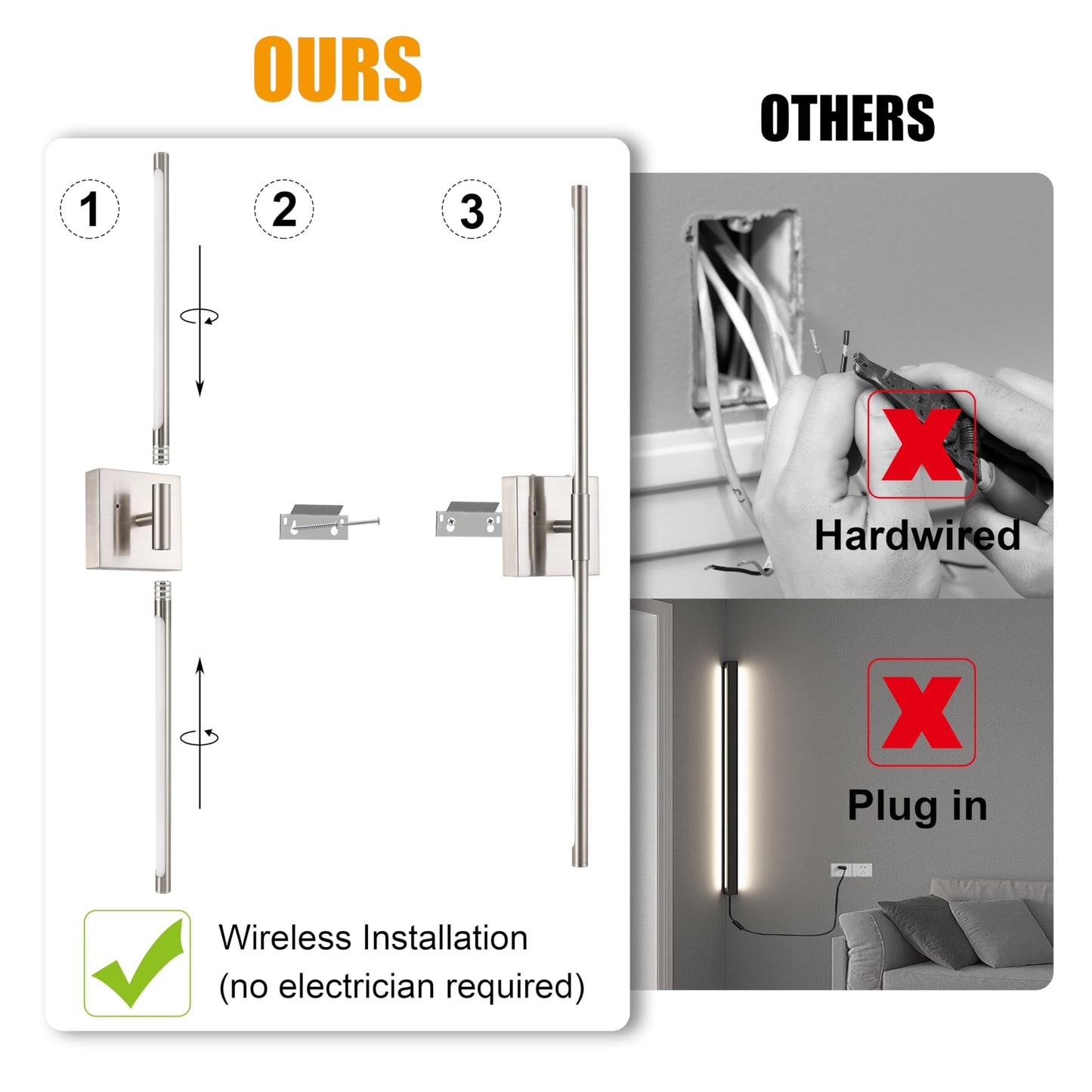 Battery Operated Wall Sconces Set of 2, Dimmable Battery Wall Sconce with Remote Control, Black Gold LED Rechargeable Sconces, 24 Inch Modern Wireless Wall Lights for Bedroom, Living Room