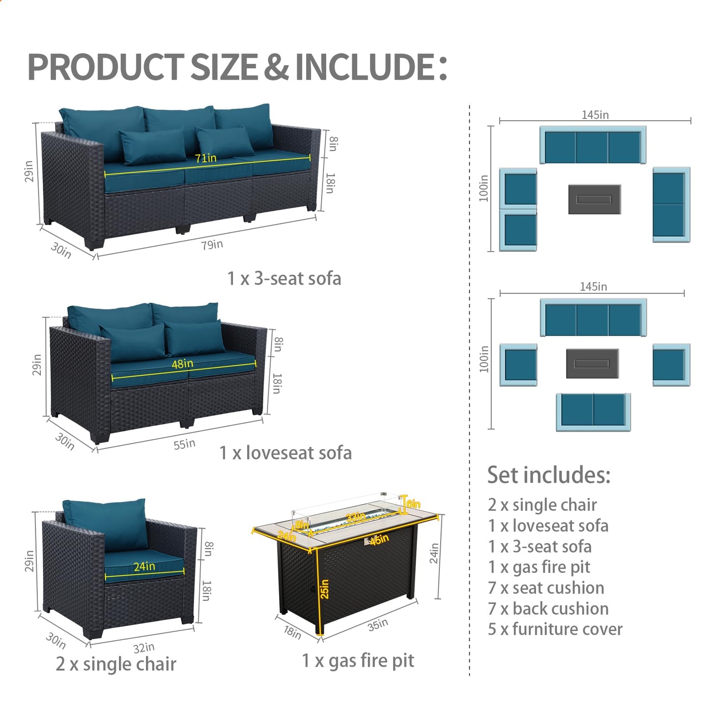 Rattaner 5 Pcs Outdoor Furniture Sets Patio Furniture Set with 45" Fire Pit Patio Couch Outdoor Chairs 60000 BTU Steel Propane Fire Pit Table No-Slip Cushions and Waterproof Covers, Light Grey
