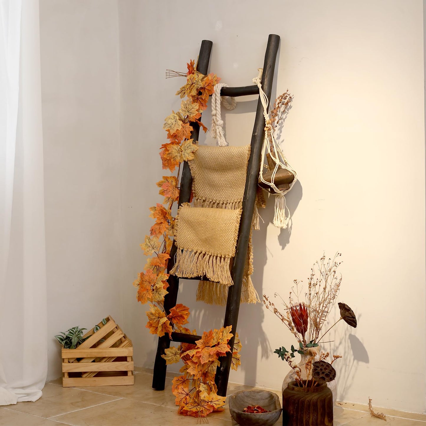 FUIN Fully Assembled 57in Wood Blanket Ladder Living Room Decorative Wall Leaning Farmhouse Quilt Display Holder Rustic Wooden Towel Rack for Bathroom, Unfinished