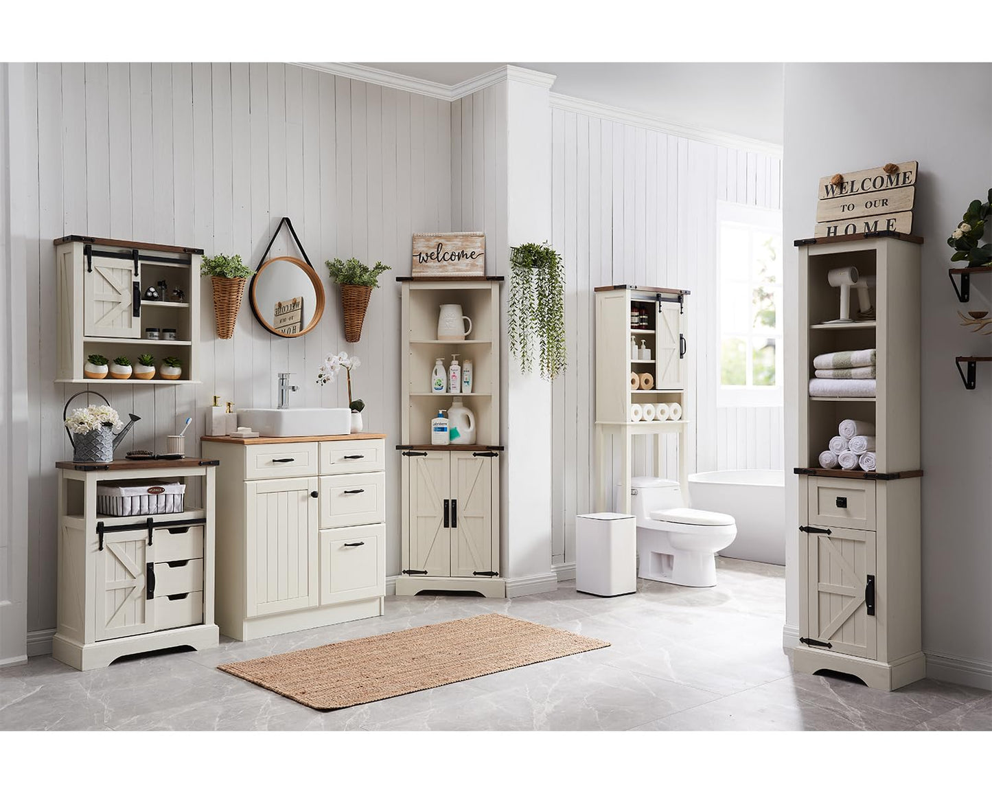OKD Tall Corner Cabinet, Farmhouse Storage Cabinet with Barn Door Design & Adjustable Shelves, Home Space Saver for Bathroom, Living Room, Rustic Oak with Antique White
