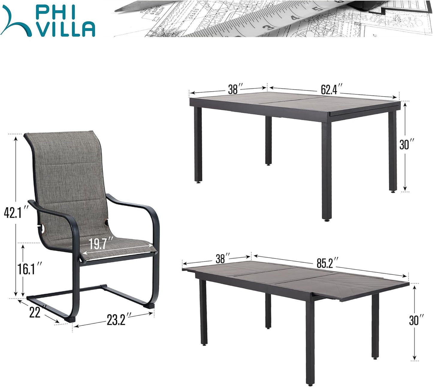PHI VILLA 9 PCS Outdoor Dining Set,8 Spring Padded Dining Chairs with Higher Back and Extended Dining Table,Patio Furniture Set Waterproof,Rustproof for Garden, Yard