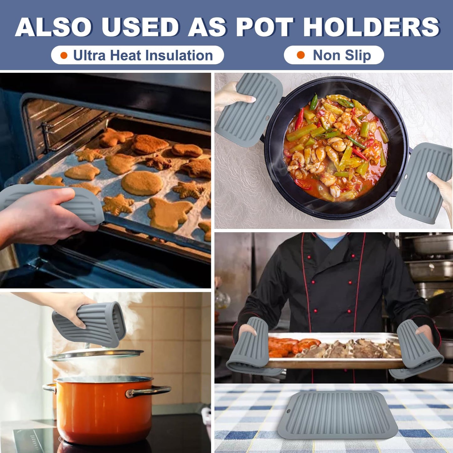 Walfos Silicone Trivet Mats - 4 Heat Resistant Pot Holders, Multipurpose Non-Slip Hot Pads for Kitchen Potholders, Hot Dishers, Jar Opener, Spoon Holder, Food Grade Silicone & BPA Free (Black)