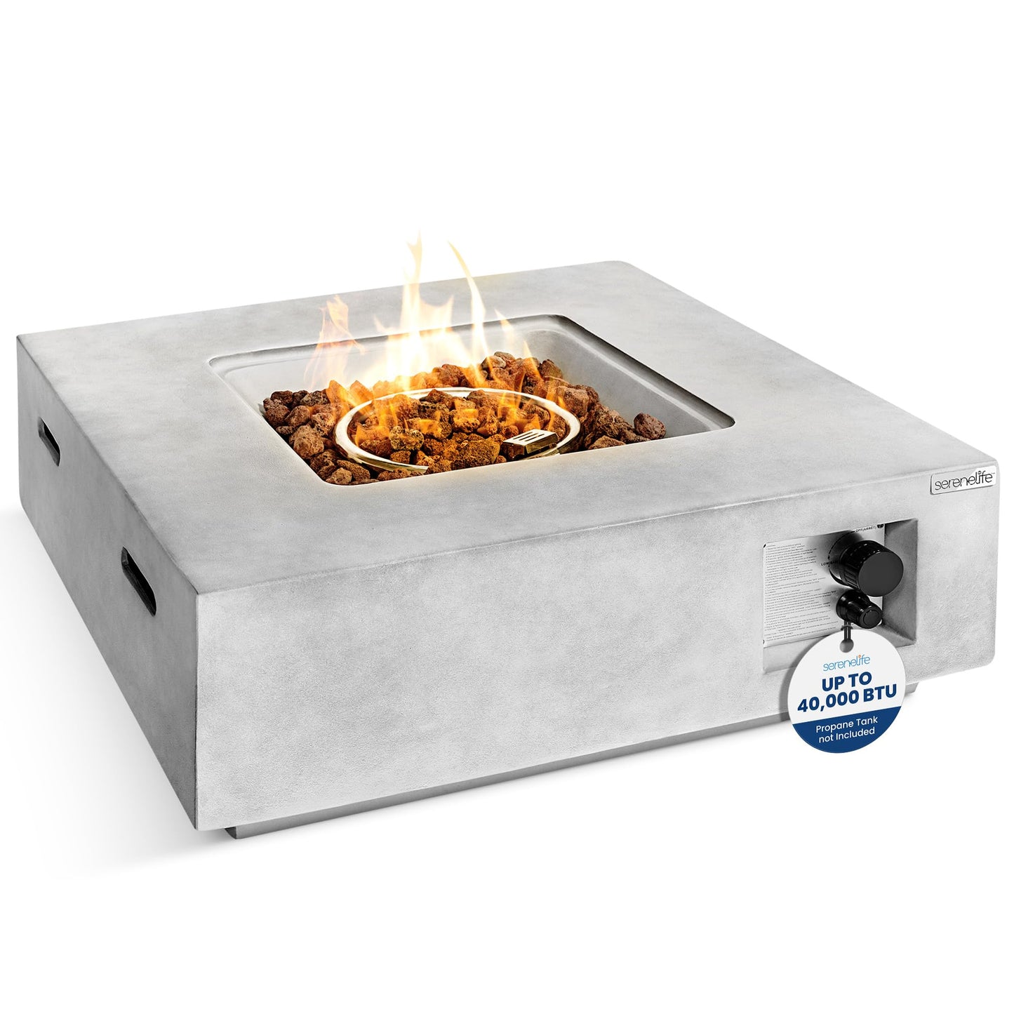 SereneLife Outdoor Propane Gas Fire Pit Table – 50,000 BTU Auto-Ignition Firepit with Glass Wind Guard, Black Tempered Glass Top & Clear Glass Rocks for Garden, Patio, or Backyard