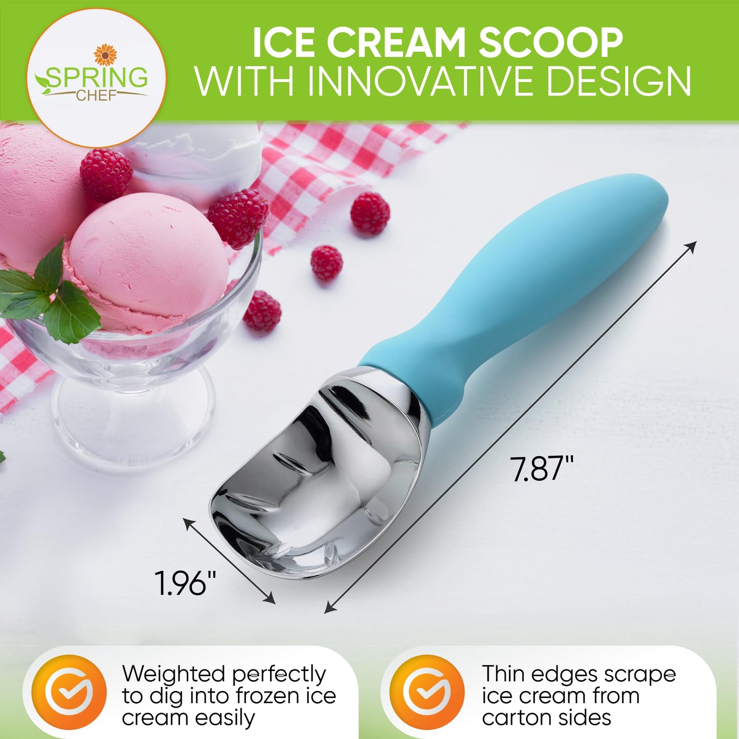 Spring Chef Heavy Duty Ice Cream Scoop with Comfortable Handle - Professional Ice Cream Scooper for Gelato, Sorbet, Cookie Dough, Melon, Frozen Yogurt - Dishwasher Safe Metal Kitchen Tool - Black