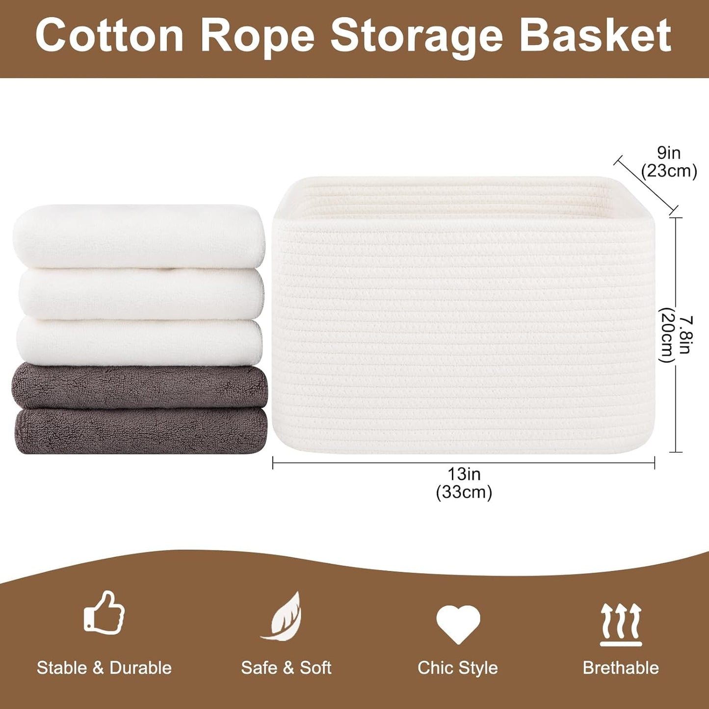 Storage Baskets for Organizing, Woven Decorative Baskets for Shelves - Books, Towels, and Clothes, Cotton Rope Toy Storage Bins, 12.7''Lx9''Wx7.8''H, Pack of 4, Brown