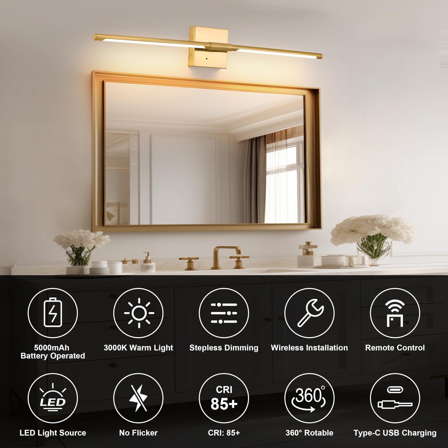 Battery Operated Wall Sconces Set of 2, Dimmable Battery Wall Sconce with Remote Control, Black Gold LED Rechargeable Sconces, 24 Inch Modern Wireless Wall Lights for Bedroom, Living Room