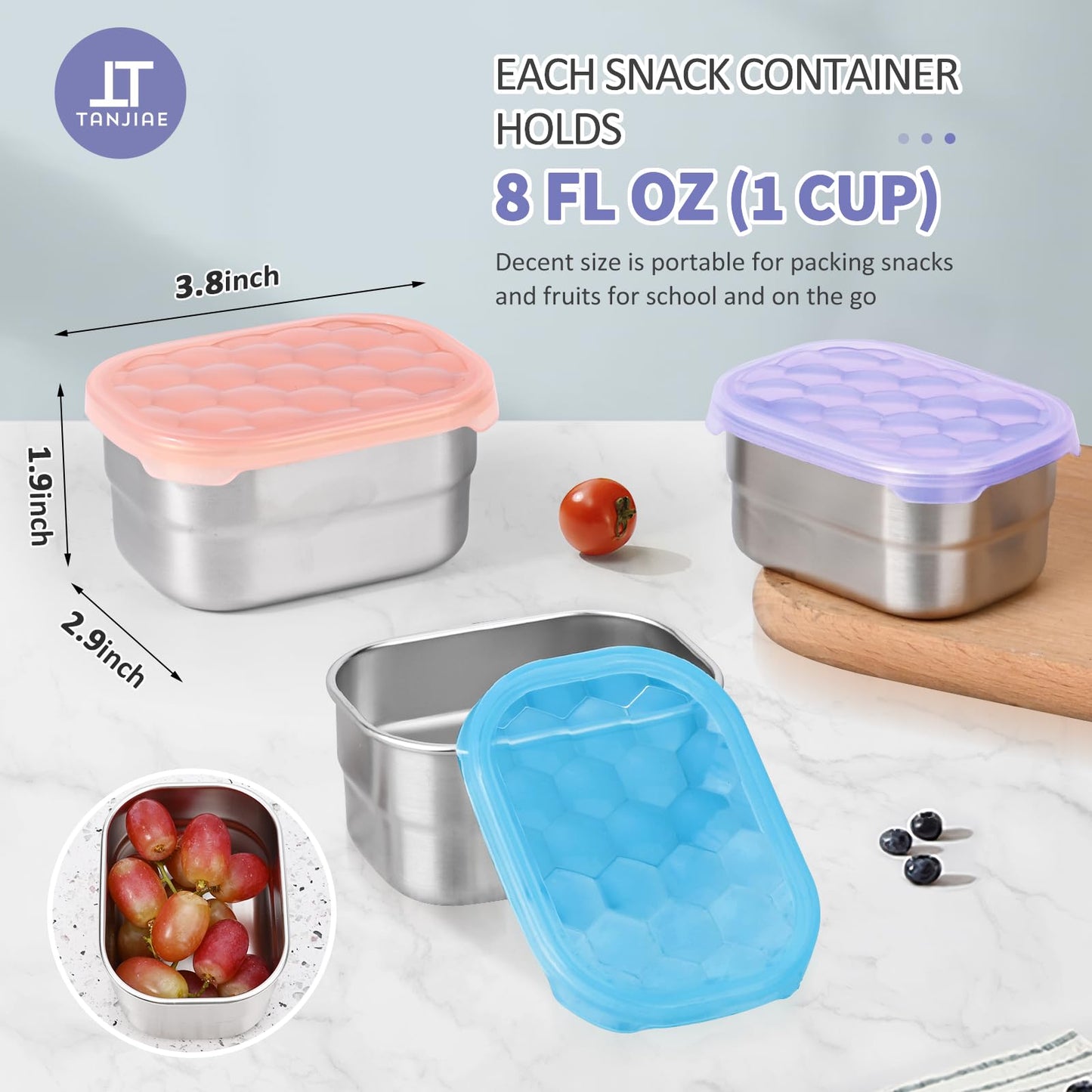 Small (1 CUP) Stainless Steel Snack Containers for Kids | Easy Open Leak Proof Food Containers with Silicone Lids - Perfect Metal Toddler Lunch Box for Daycare and School (8oz)