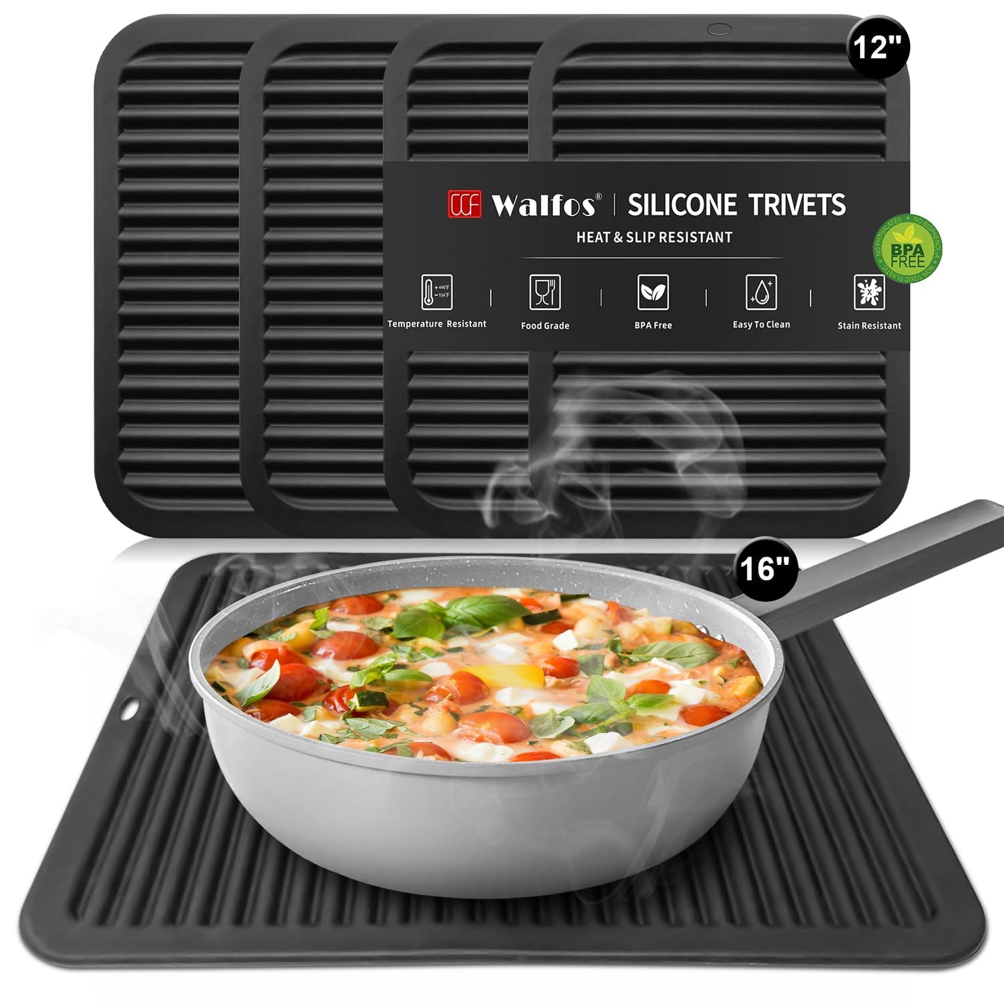 Walfos Silicone Trivet Mats - 4 Heat Resistant Pot Holders, Multipurpose Non-Slip Hot Pads for Kitchen Potholders, Hot Dishers, Jar Opener, Spoon Holder, Food Grade Silicone & BPA Free (Black)