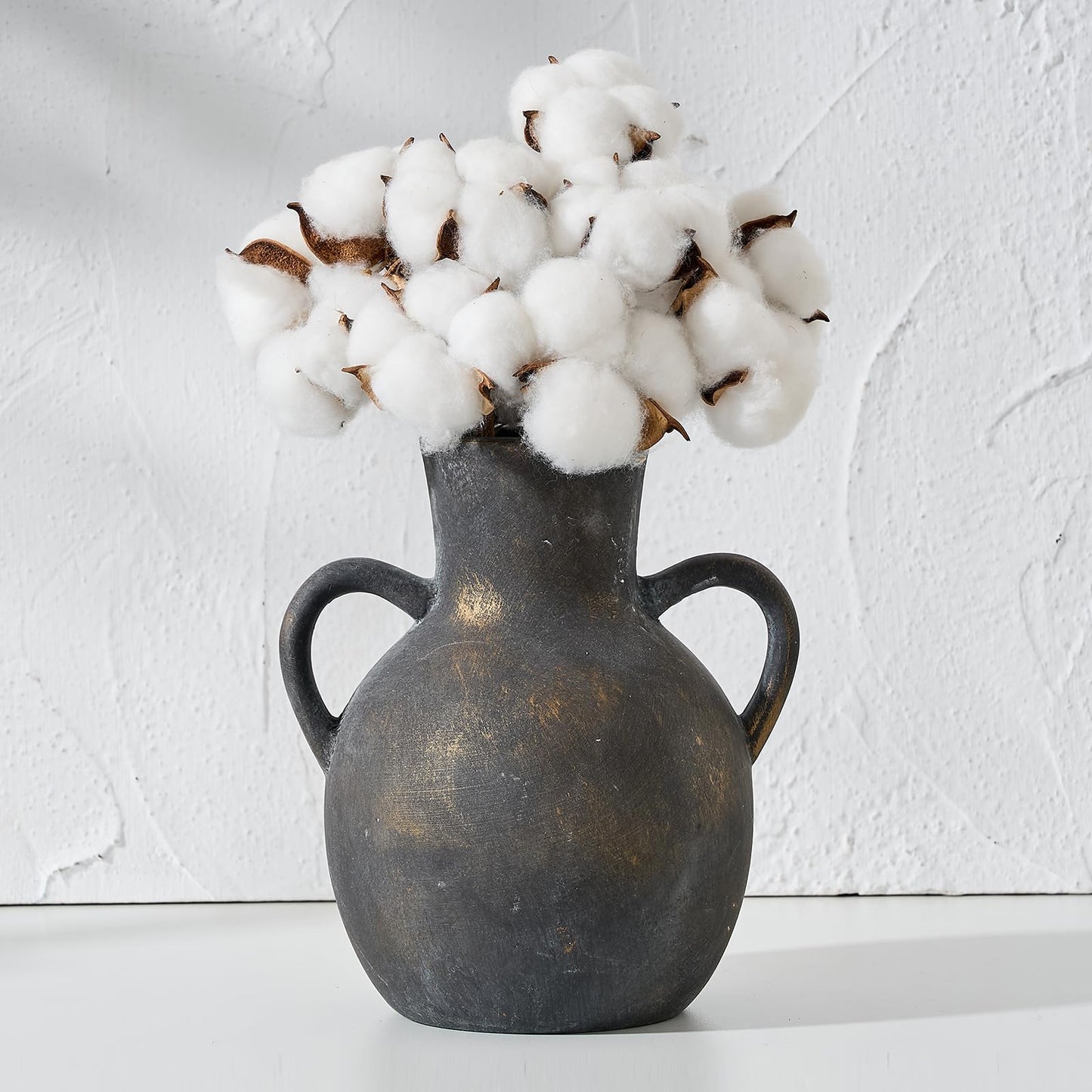 SIDUCAL Rustic Ceramic Farmhouse Flower Vase with 2 Handles, Whitewashed Terra Cotta Vase, Decorative Pottery Flower for Home Decor, Table, Living Room, Shelf Decor, 7.3 Inch, Terra