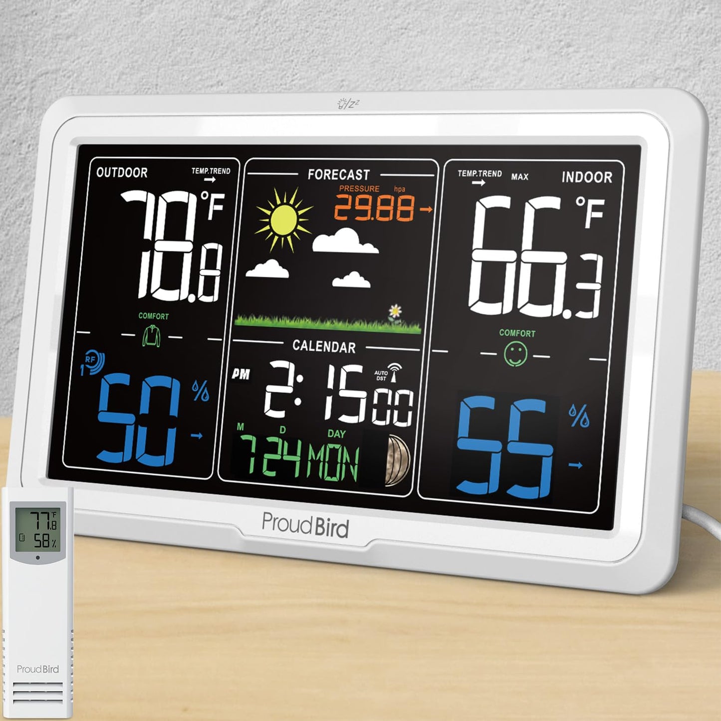 Weather Station Wireless Indoor Outdoor Thermometer, Wide Viewing Angle Home Weather Stations, Colorful Large 7.6" Display, Atomic Clock Weather Forecast Adjustable Backlight, Black